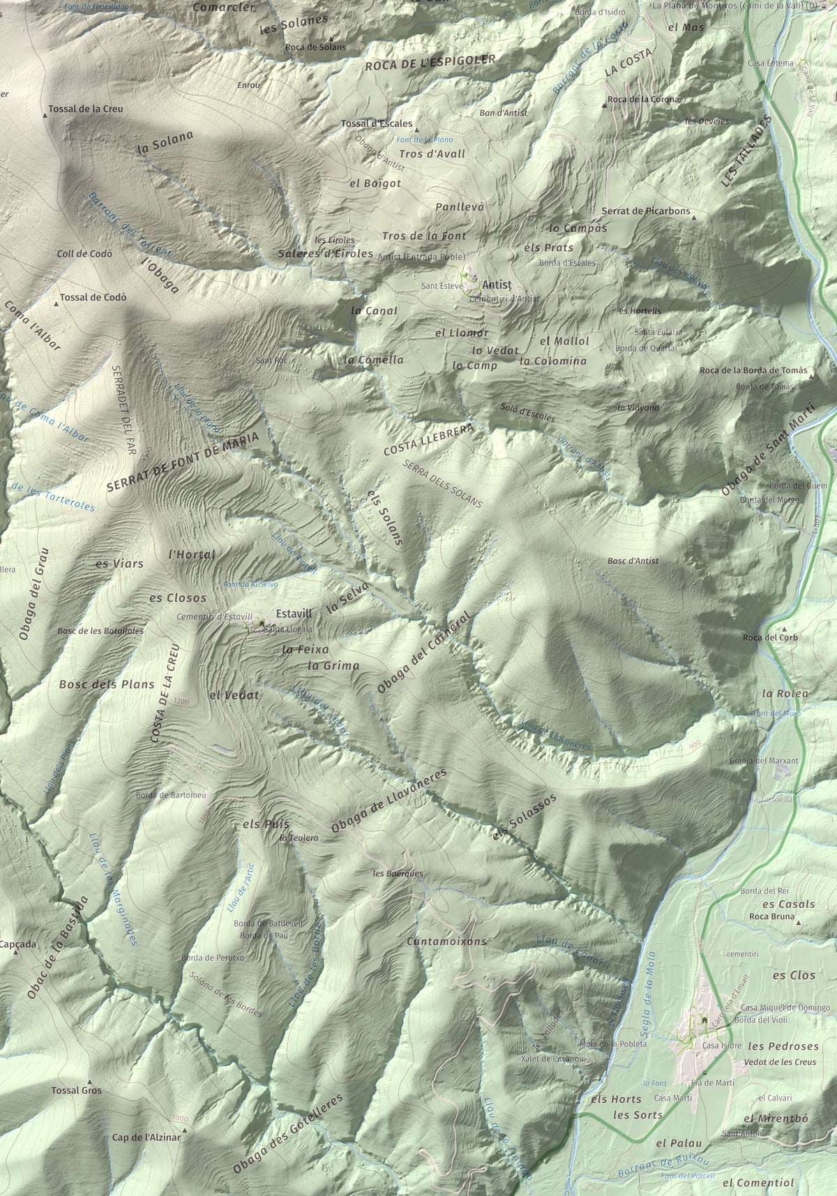 Mapa topográfico del relieve: Santa Bàrbara (Vall Fosca), 1613 m. Detalle de la zona inferior derecha. 70 × 100 cm.