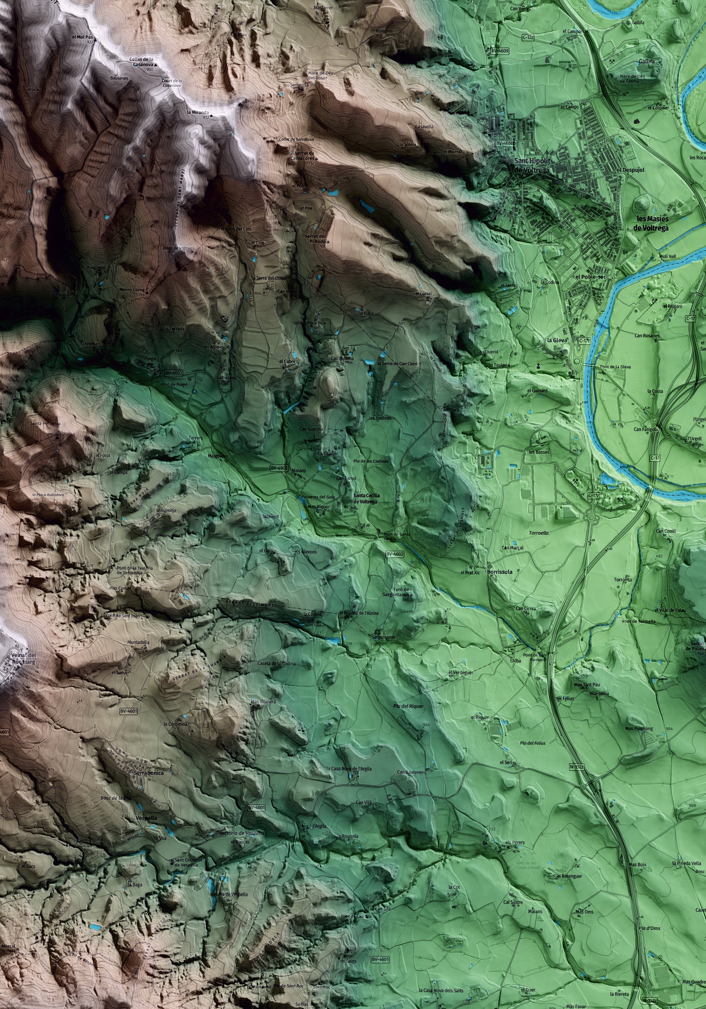 Mapa artístico del relieve de Santa Cecília de Voltregà, a Osona, con 15 km de entorno y base topográfica ICGC. Detalle de la zona central.
