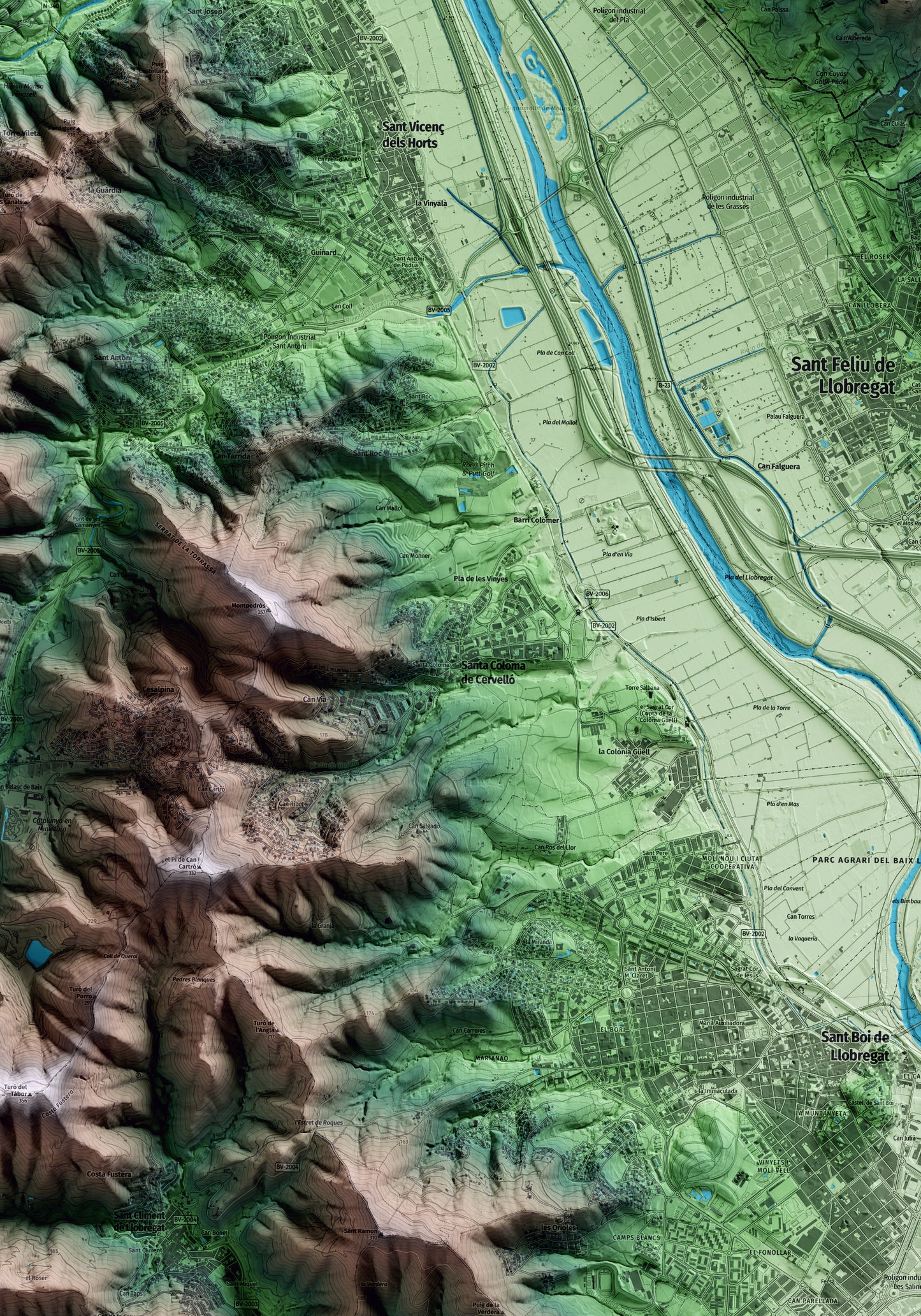 Mapa artístico del relieve de Santa Coloma de Cervelló, al Baix Llobregat, con 15 km de entorno y base topográfica ICGC. Detalle de la zona central.