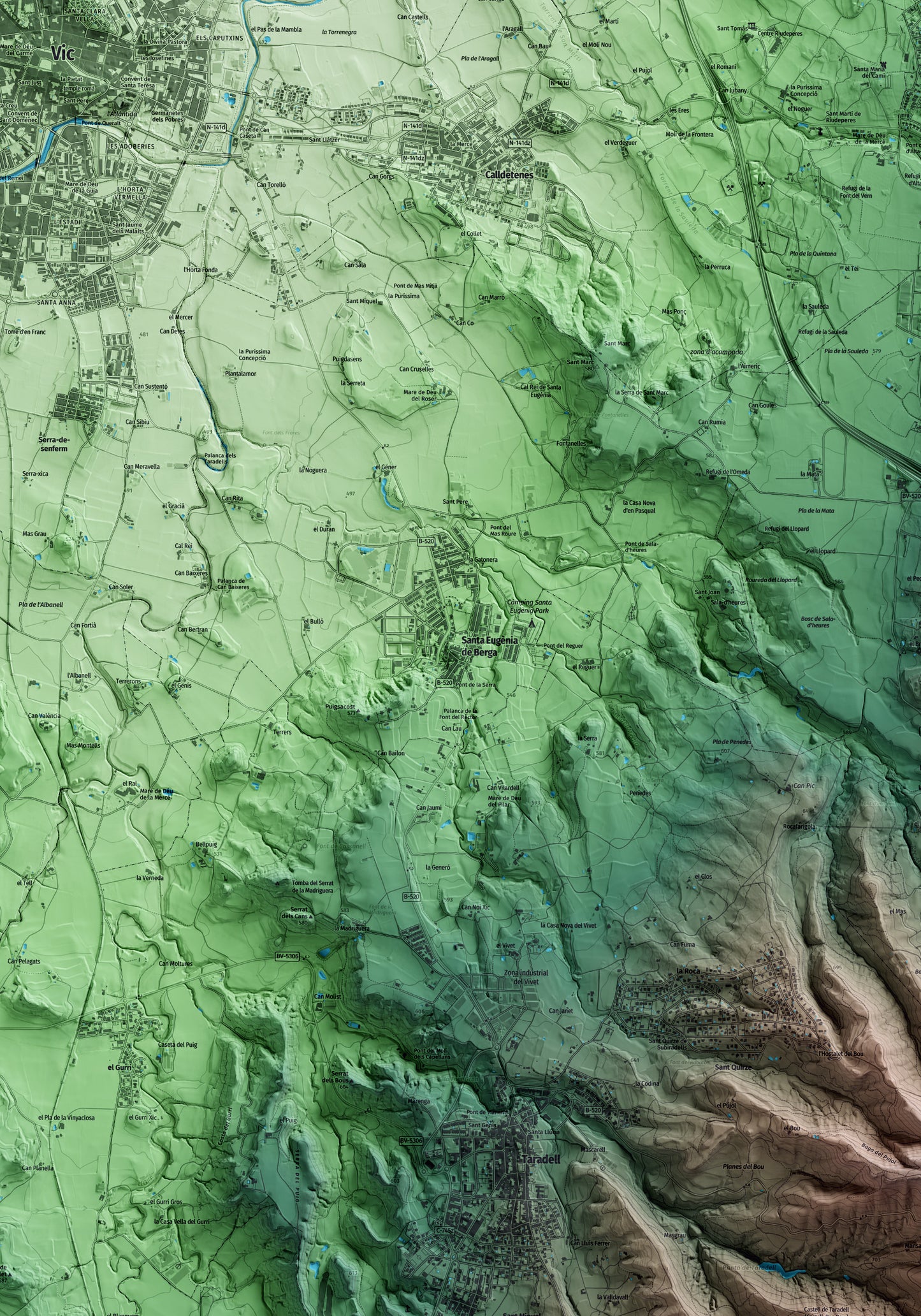 Mapa artístico del relieve de Santa Eugènia de Berga, a Osona, con 15 km de entorno y base topográfica ICGC. Detalle de la zona central.