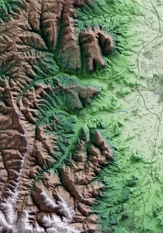 Mapa artístico del relieve de Santa Eulàlia de Riuprimer, a Osona, con 15 km de entorno y base topográfica ICGC