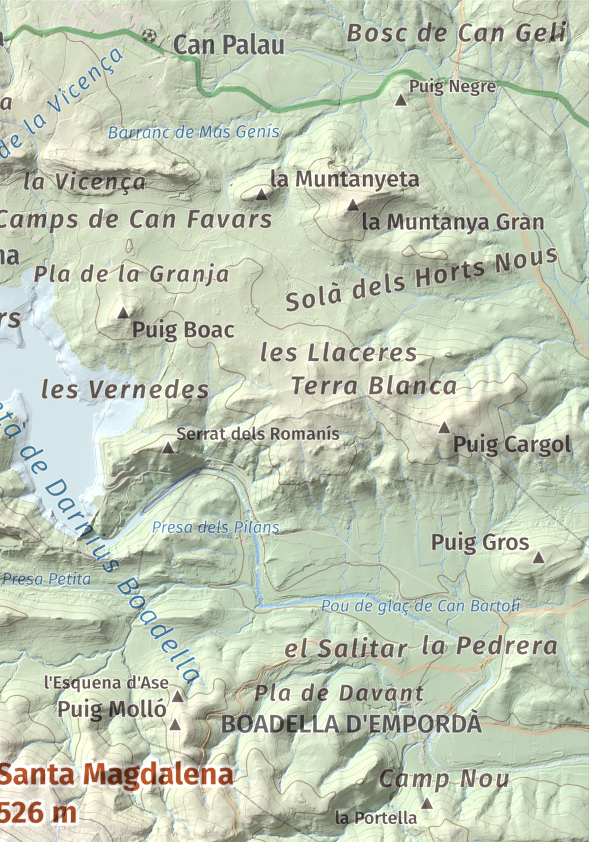 Mapa de relieve de Santa Magdalena, 526 m, Alt Empordà, lámina 100 Cims de Trobart. Detalle de la zona superior derecha. 21 × 30 cm.