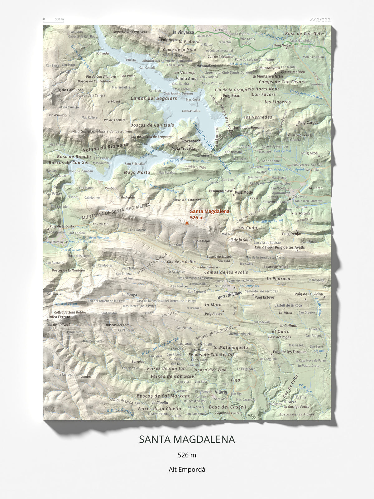 Mapa de relieve de Santa Magdalena, 526 m, Alt Empordà, lámina 100 Cims de Trobart 30 × 40 cm.