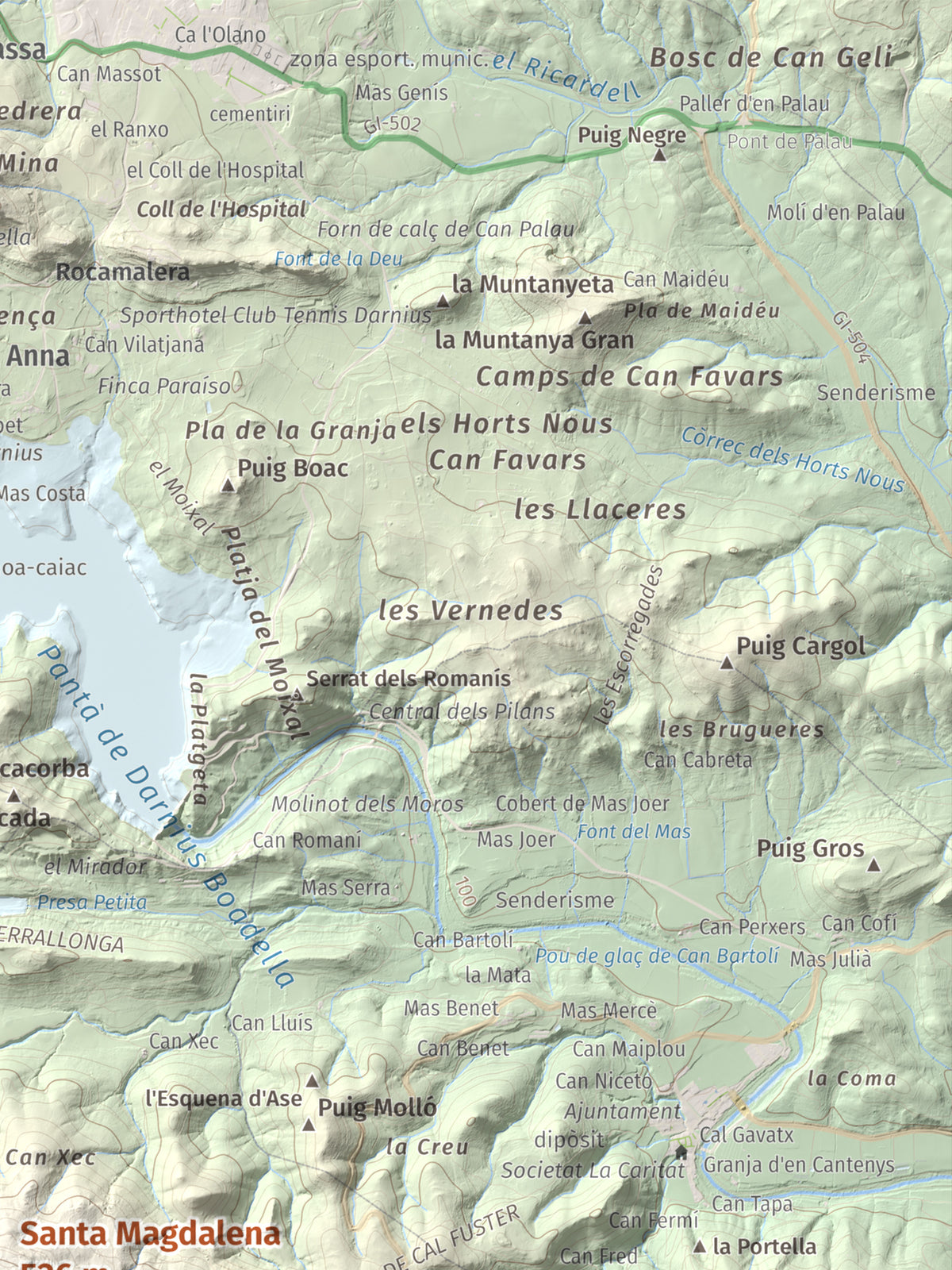Mapa de relieve de Santa Magdalena, 526 m, Alt Empordà, lámina 100 Cims de Trobart. Detalle de la zona superior derecha. 30 × 40 cm.