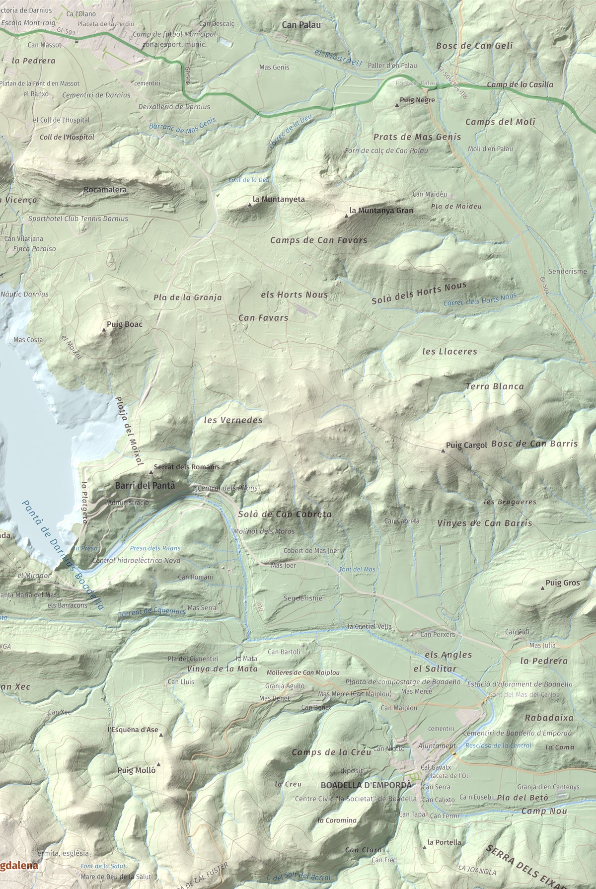 Mapa de relieve de Santa Magdalena, 526 m, Alt Empordà, lámina 100 Cims de Trobart. Detalle de la zona superior derecha. 61 × 91 cm.