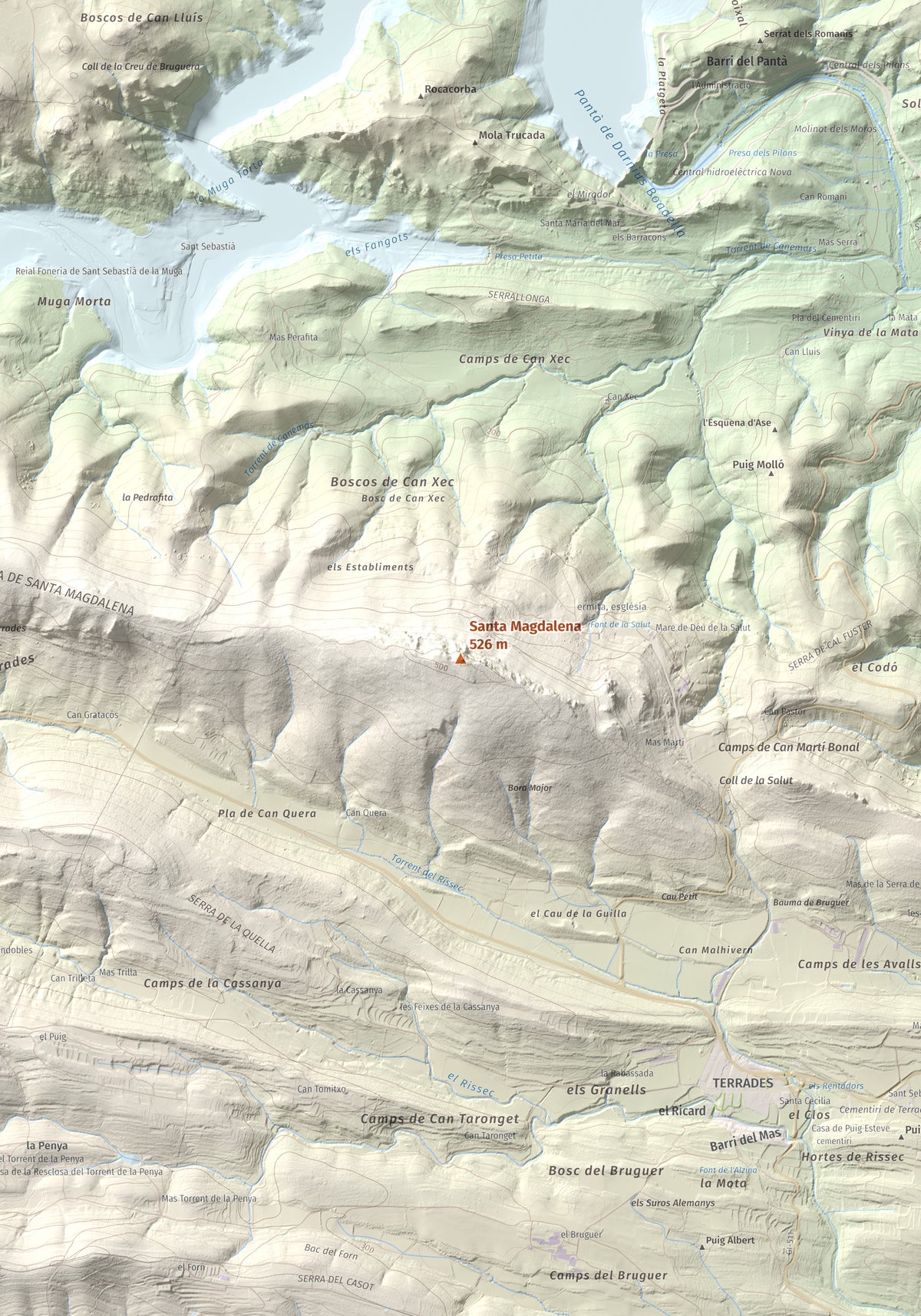Mapa de relieve de Santa Magdalena, 526 m, Alt Empordà, lámina 100 Cims de Trobart. Detalle de la zona central. 70 × 100 cm.