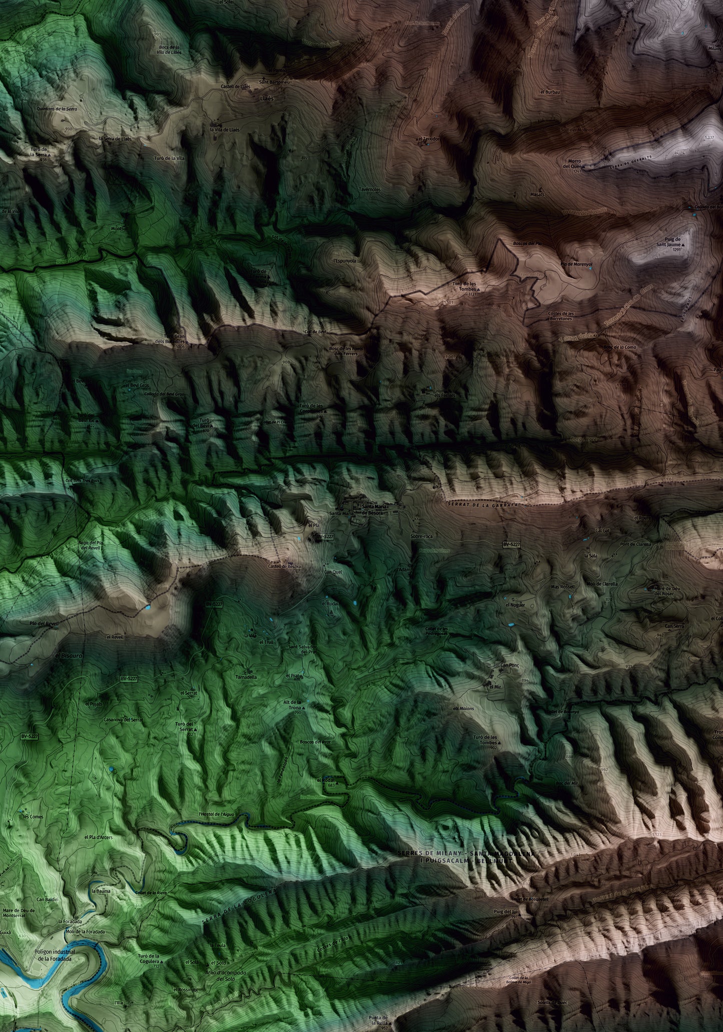 Mapa artístico del relieve de Santa Maria de Besora, a Osona, con 15 km de entorno y base topográfica ICGC. Detalle de la zona central.