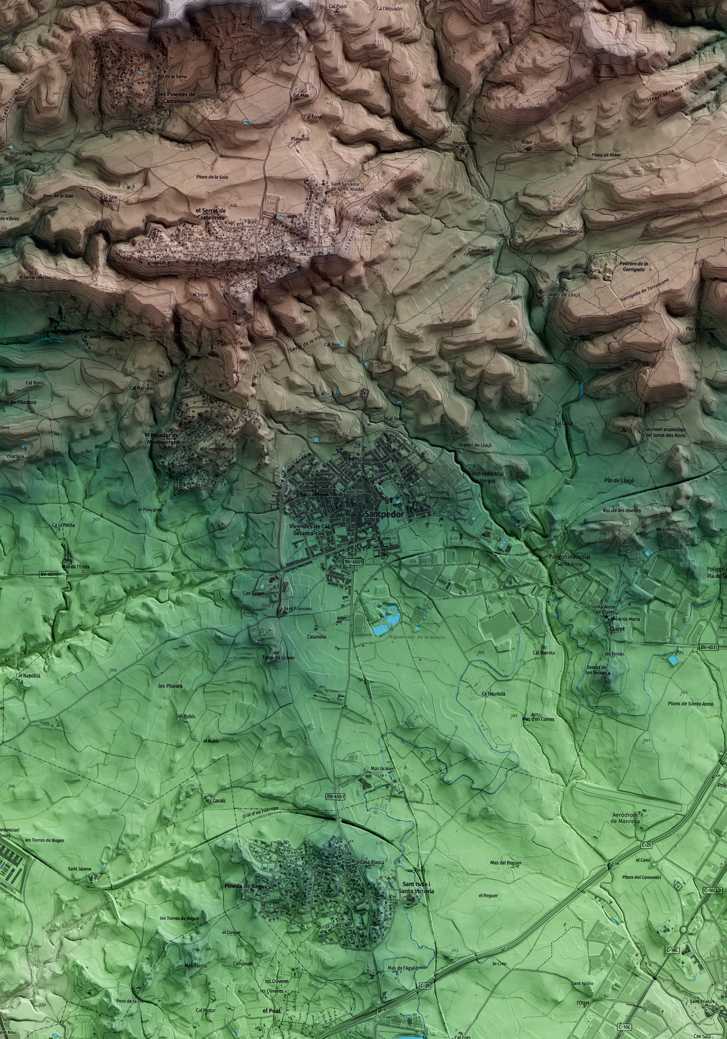 Mapa artístico del relieve de Santpedor, al Bages, con 15 km de entorno y base topográfica ICGC. Detalle de la zona central.