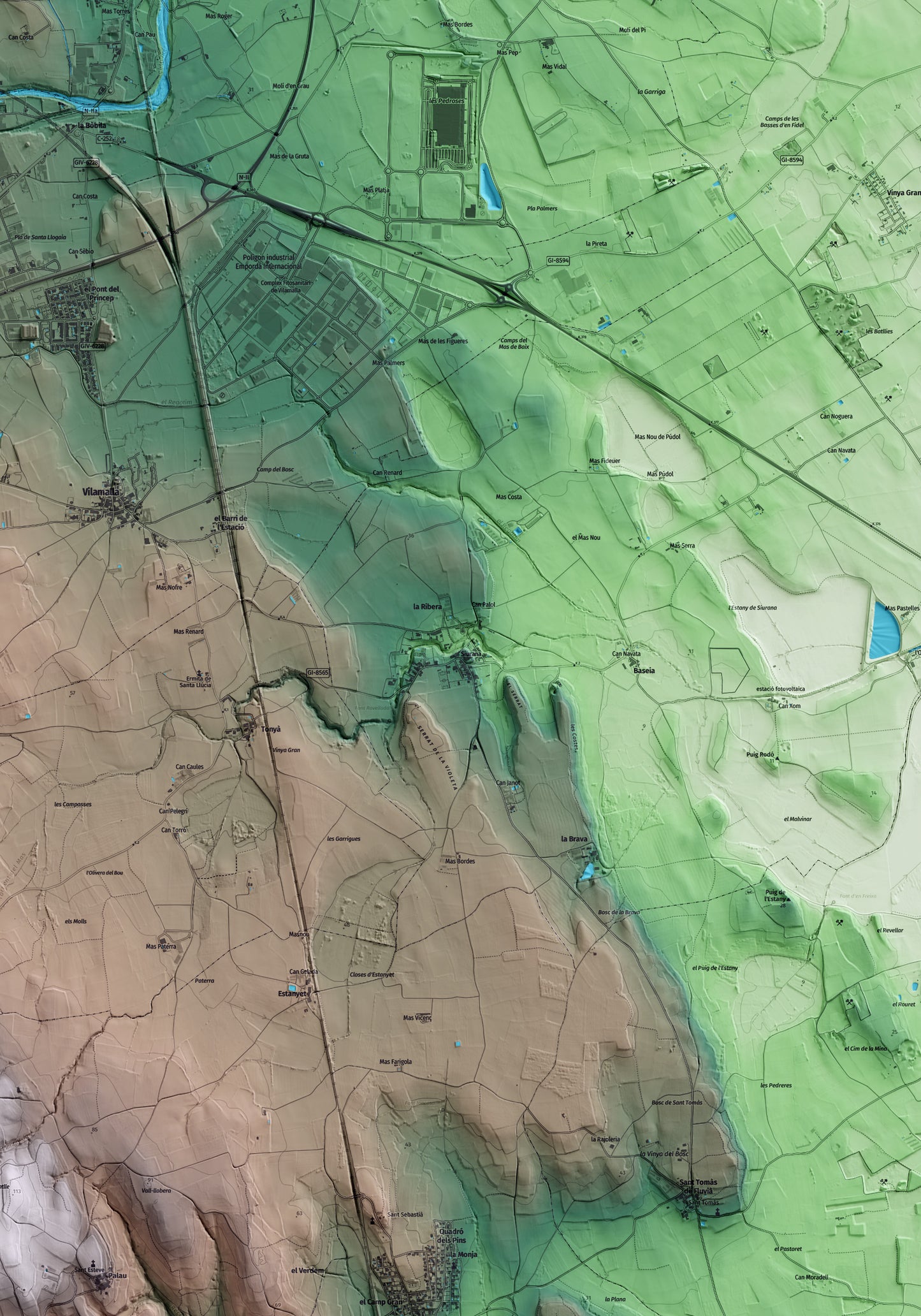 Mapa artístico del relieve de Siurana, al Alt Empordà, con 15 km de entorno y base topográfica ICGC. Detalle de la zona central.