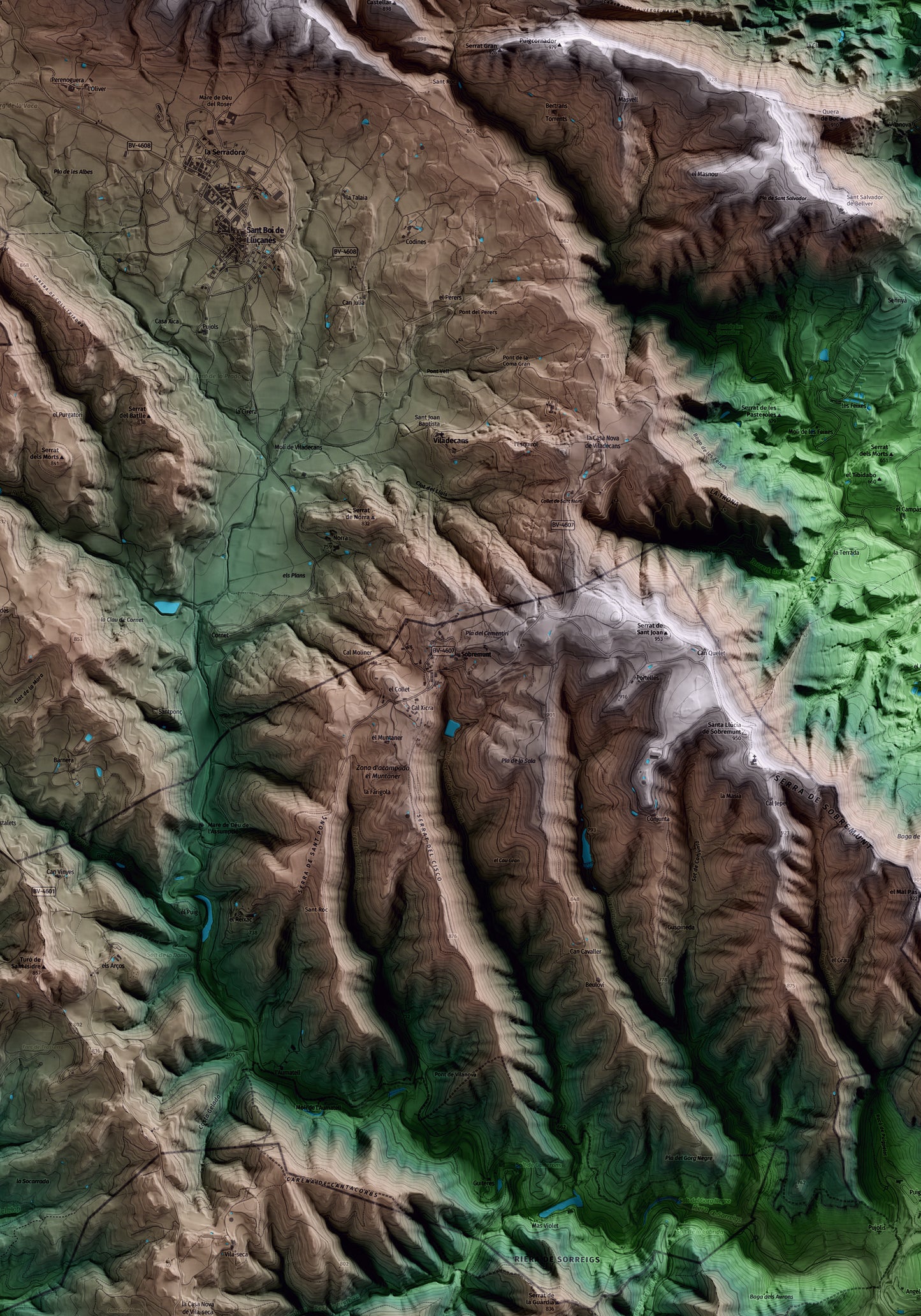 Mapa artístico del relieve de Sobremunt, al Lluçanès, con 15 km de entorno y base topográfica ICGC. Detalle de la zona central.