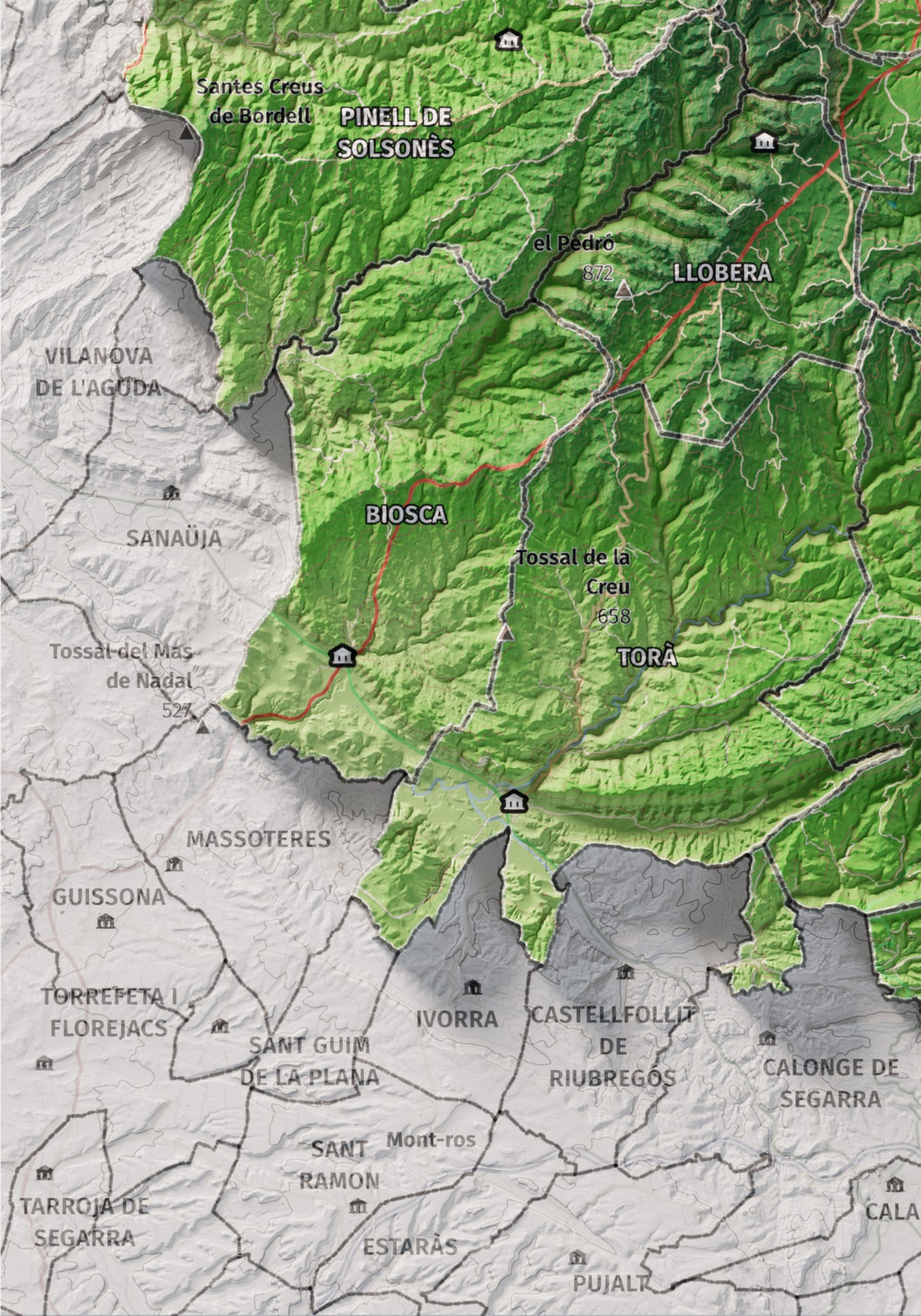 Mapa de relieve del Solsonès, con el territorio en color y el entorno en blanco. Detalle de la zona inferior izquierda. 21 × 30 cm. Estilo Clásico.