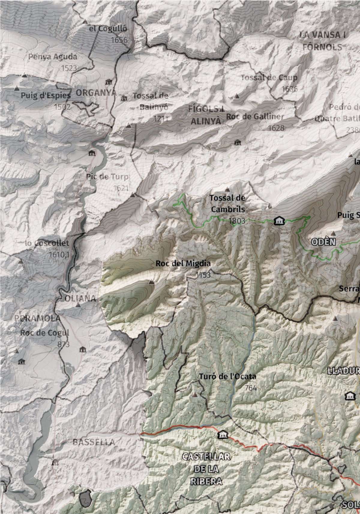 Mapa de relieve del Solsonès, con el territorio en color y el entorno en blanco. Detalle de la zona superior izquierda. 21 × 30 cm. Estilo Cartográfico.