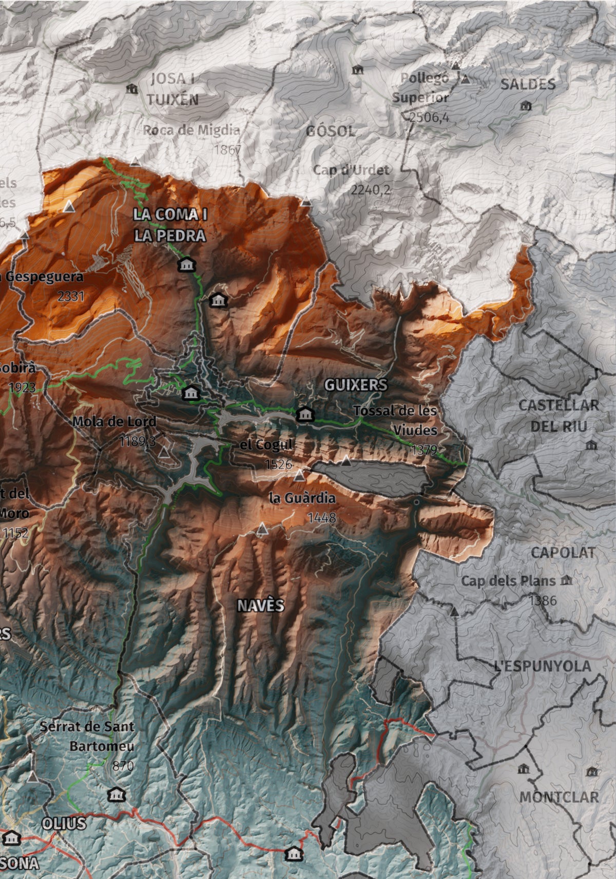 Mapa de relieve del Solsonès, con el territorio en color y el entorno en blanco. Detalle de la zona superior derecha. 21 × 30 cm. Estilo Contrastado.