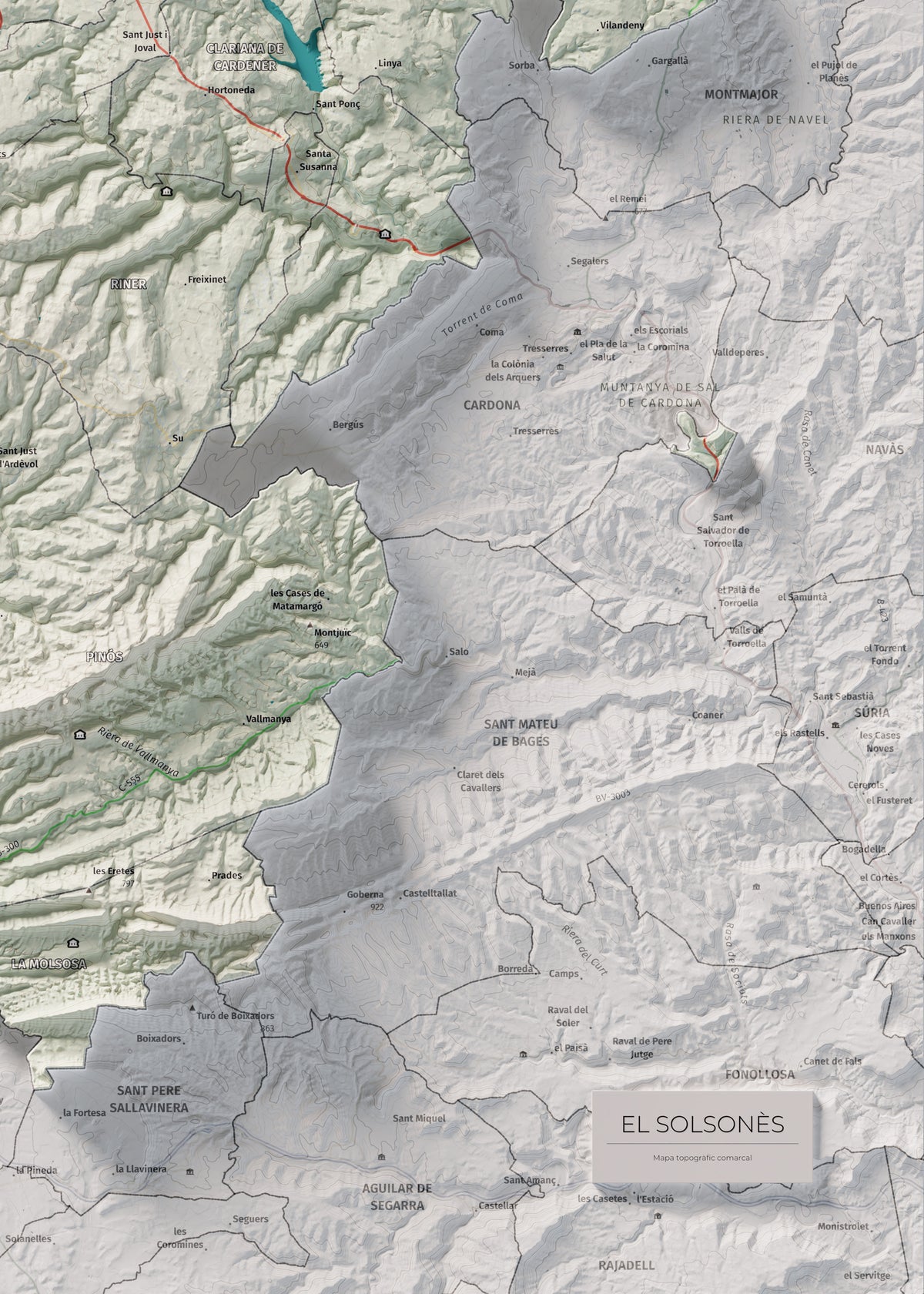 Mapa de relieve del Solsonès, con el territorio en color y el entorno en blanco. Detalle de la zona inferior derecha. 50 × 70 cm. Estilo Cartográfico.