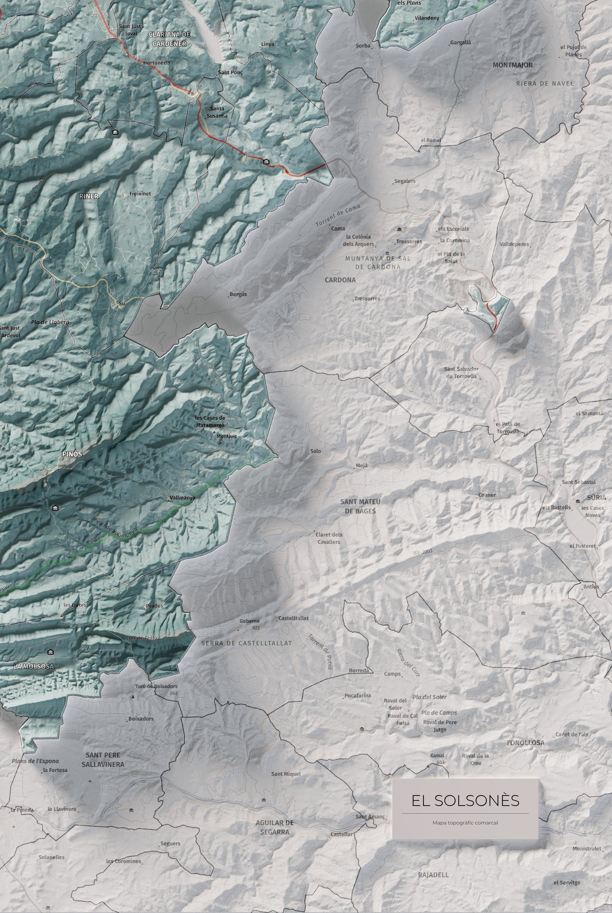 Mapa de relieve del Solsonès, con el territorio en color y el entorno en blanco. Detalle de la zona inferior derecha. 61 × 91 cm. Estilo Contrastado.