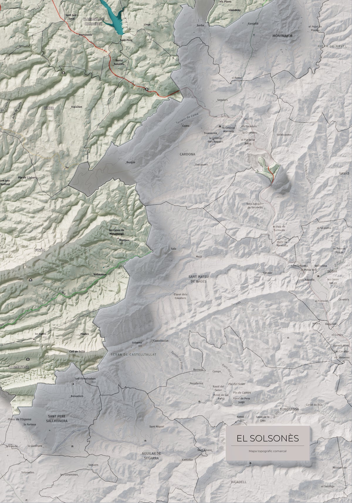Mapa de relieve del Solsonès, con el territorio en color y el entorno en blanco. Detalle de la zona inferior derecha. 70 × 100 cm. Estilo Cartográfico.