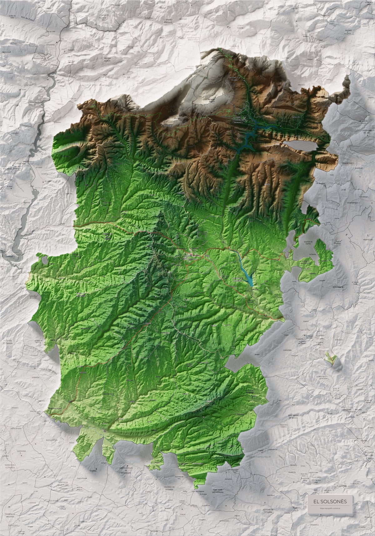 Mapa de relieve del Solsonès, con el territorio en color y el entorno en blanco. Vista completa de la lámina. 70 × 100 cm. Estilo Clásico.