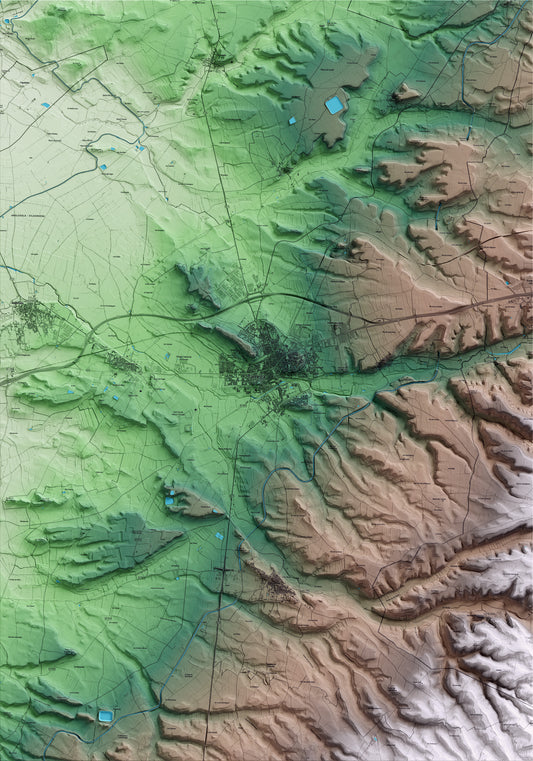 Mapa artístico del relieve de Tàrrega, al Urgell, con 15 km de entorno y base topográfica ICGC
