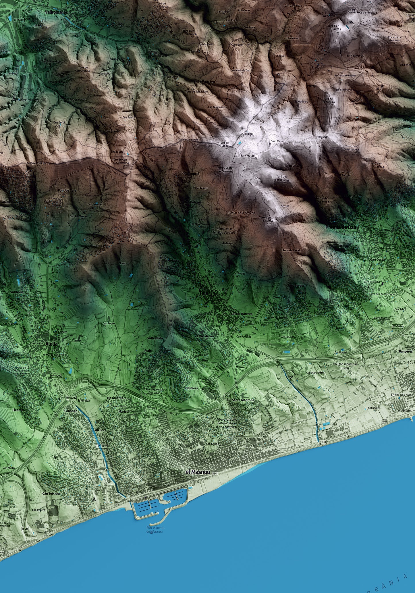 Mapa artístico del relieve de Teià, al Maresme, con 15 km de entorno y base topográfica ICGC. Detalle de la zona central.