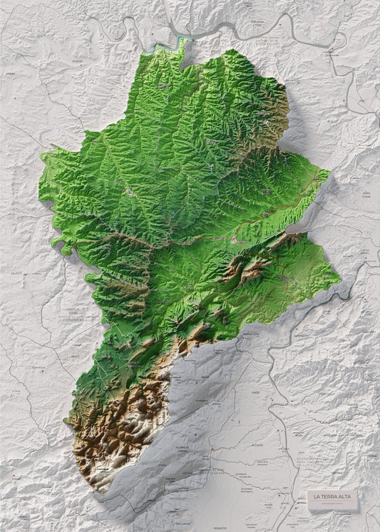 Mapa de relieve de la Terra Alta, con el territorio en color y el entorno en blanco. Vista completa de la lámina. 50 × 70 cm. Estilo Clásico.