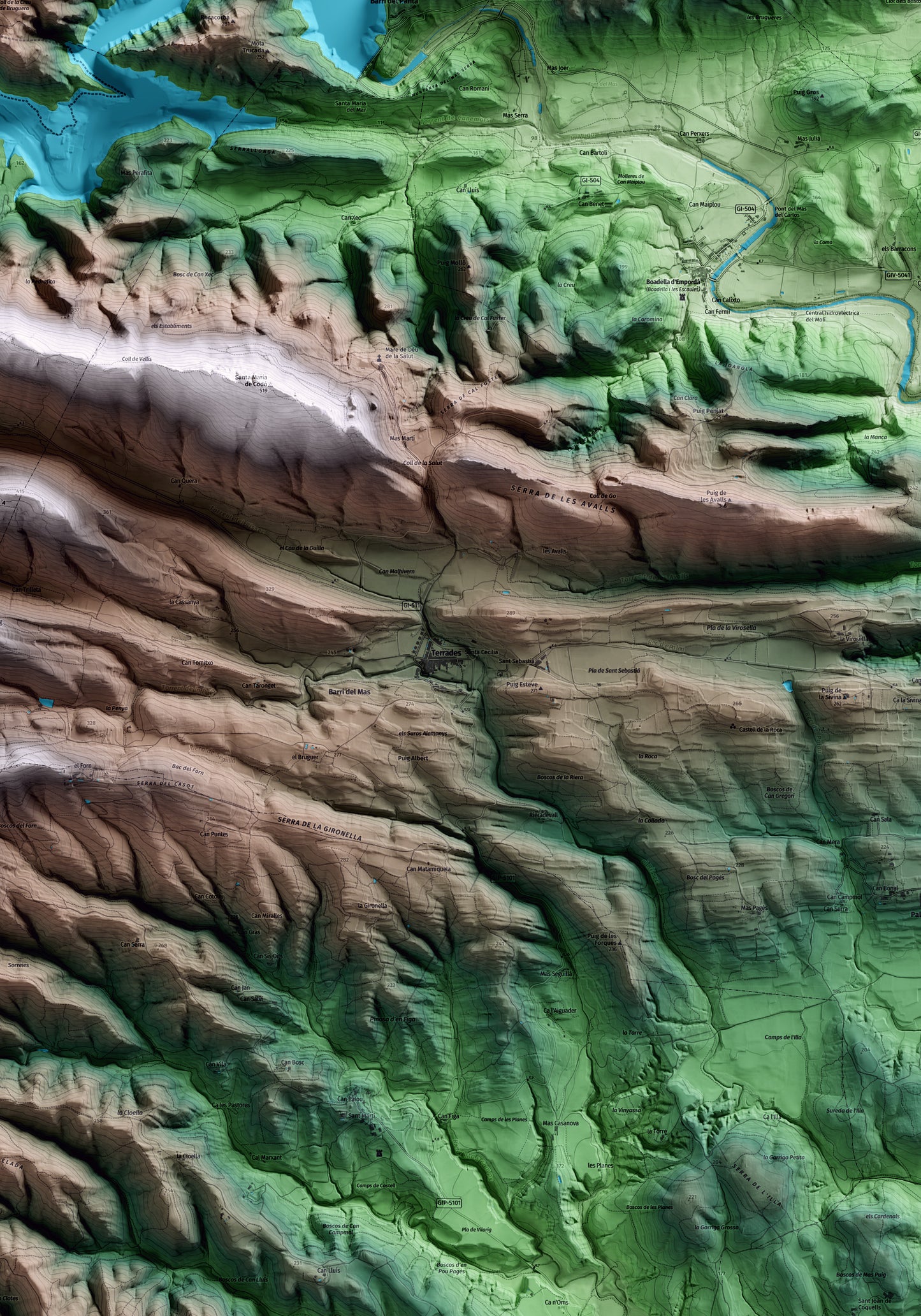 Mapa artístico del relieve de Terrades, al Alt Empordà, con 15 km de entorno y base topográfica ICGC. Detalle de la zona central.