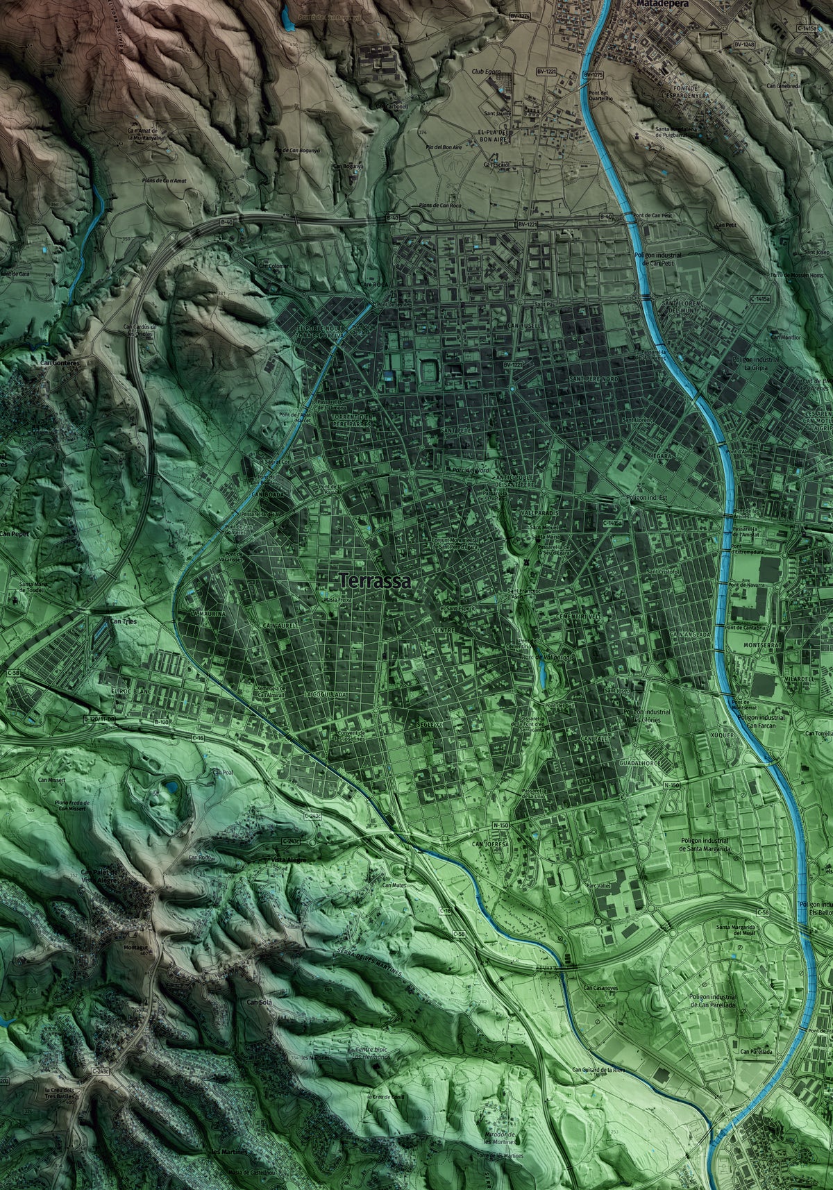 Mapa artístico del relieve de Terrassa, al Vallès Occidental, con 15 km de entorno y base topográfica ICGC. Detalle de la zona central.