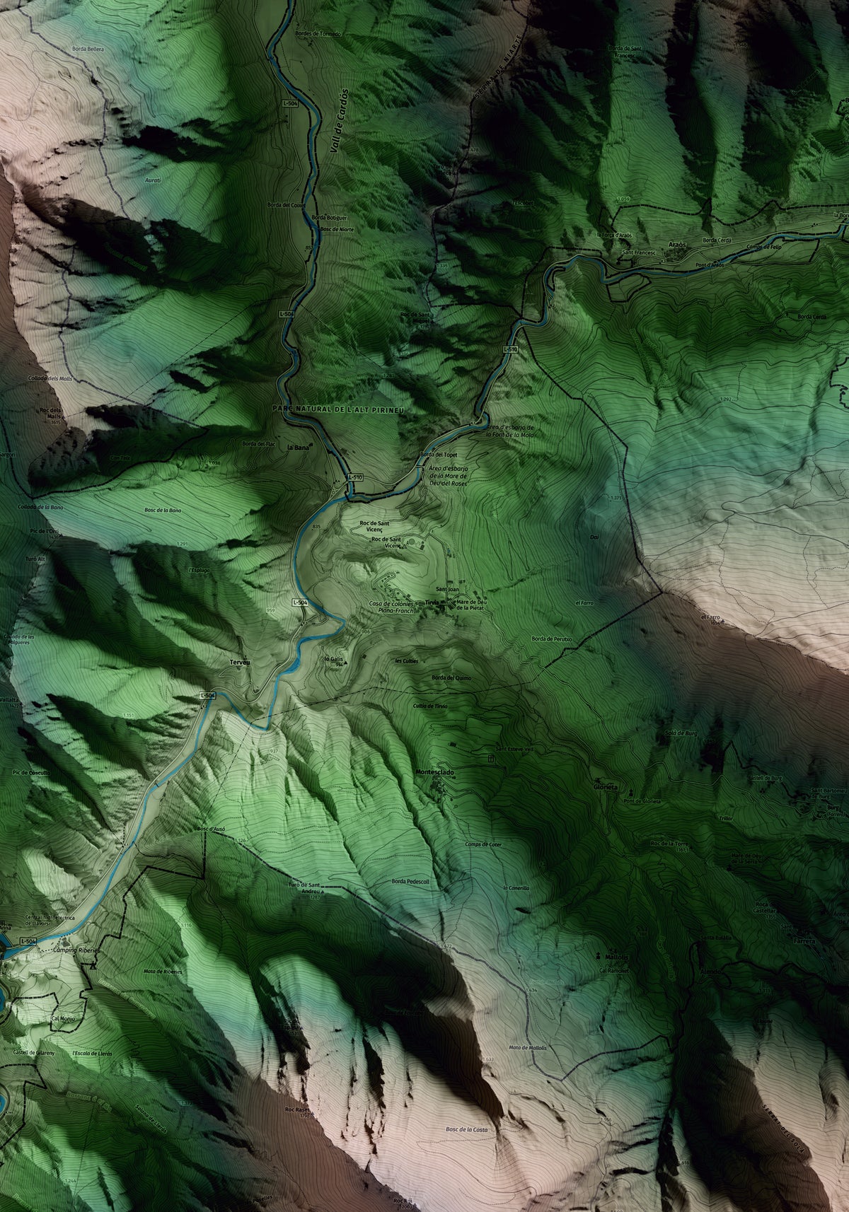 Mapa artístico del relieve de Tírvia, al Pallars Sobirà, con 15 km de entorno y base topográfica ICGC. Detalle de la zona central.