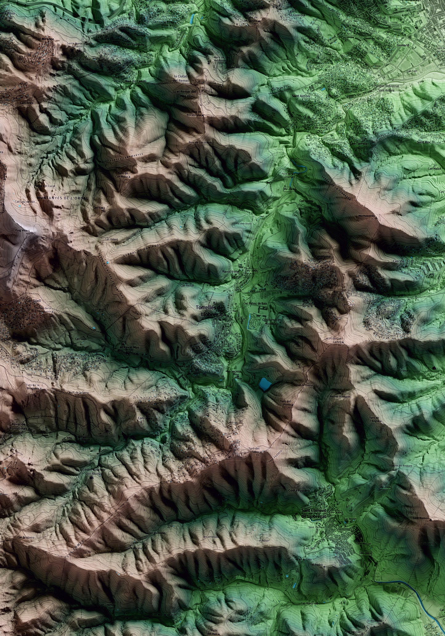 Mapa artístico del relieve de Torrelles de Llobregat, al Baix Llobregat, con 15 km de entorno y base topográfica ICGC. Detalle de la zona central.