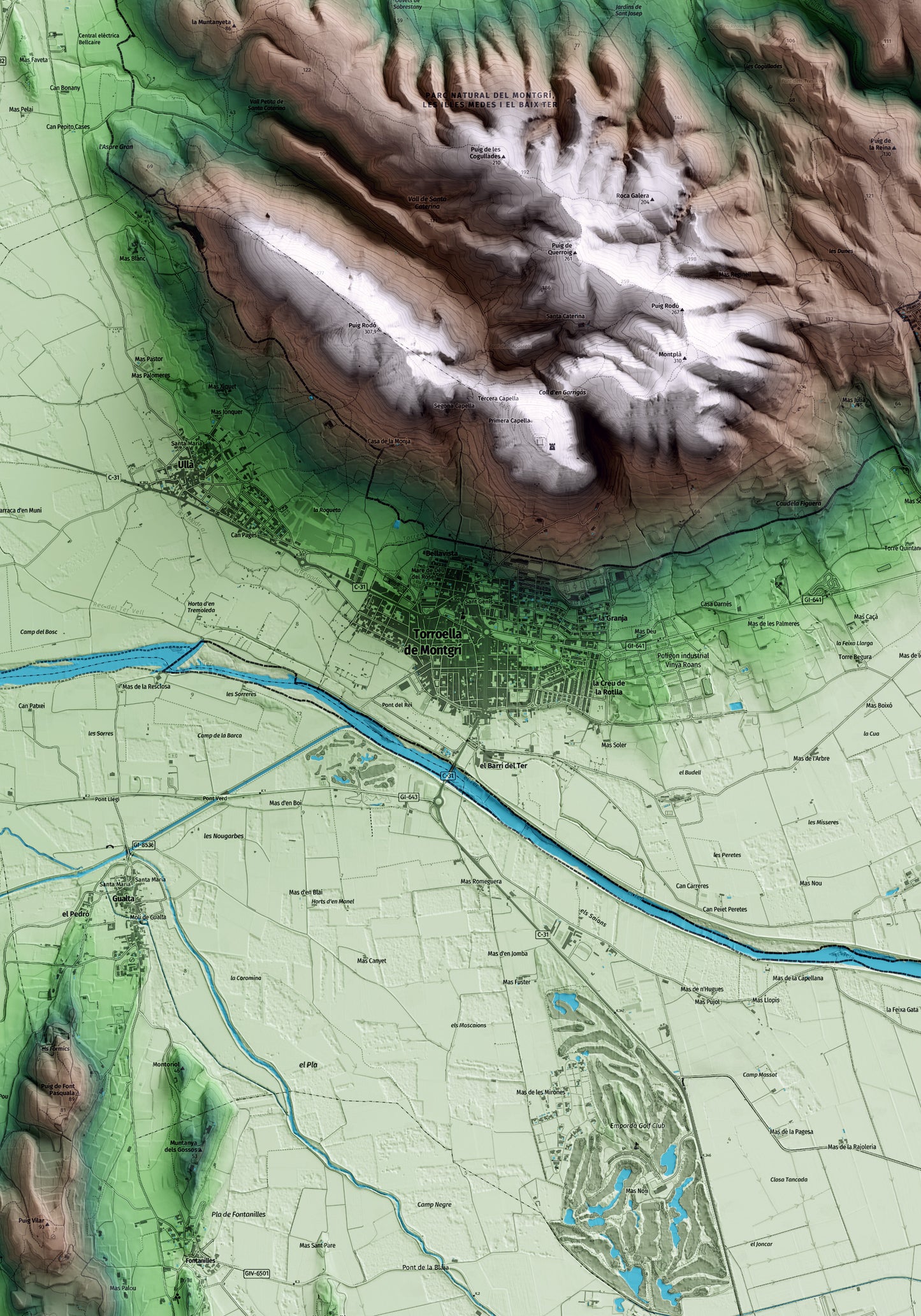 Mapa artístico del relieve de Torroella de Montgrí, al Baix Empordà, con 15 km de entorno y base topográfica ICGC. Detalle de la zona central.