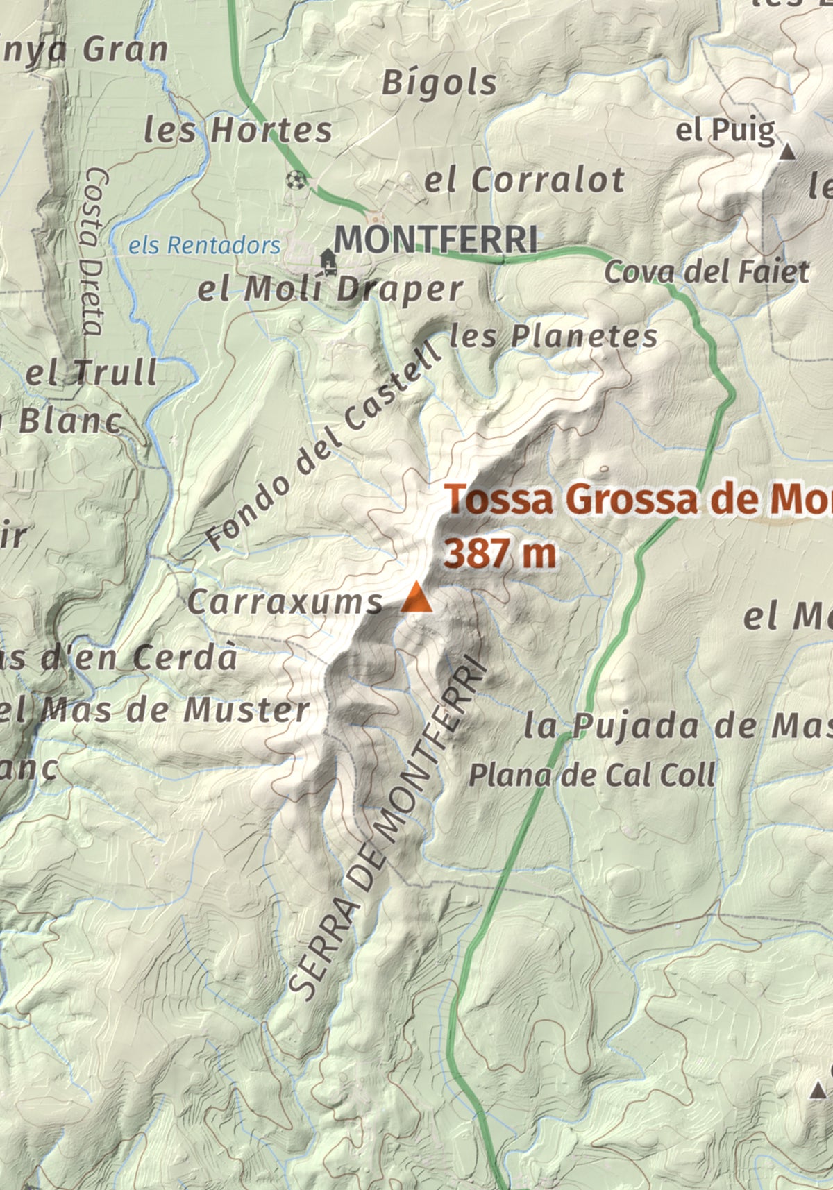 Mapa de relieve de Tossa Grossa de Montferri, 387 m, Alt Camp, lámina 100 Cims de Trobart. Detalle de la zona central. 21 × 30 cm.
