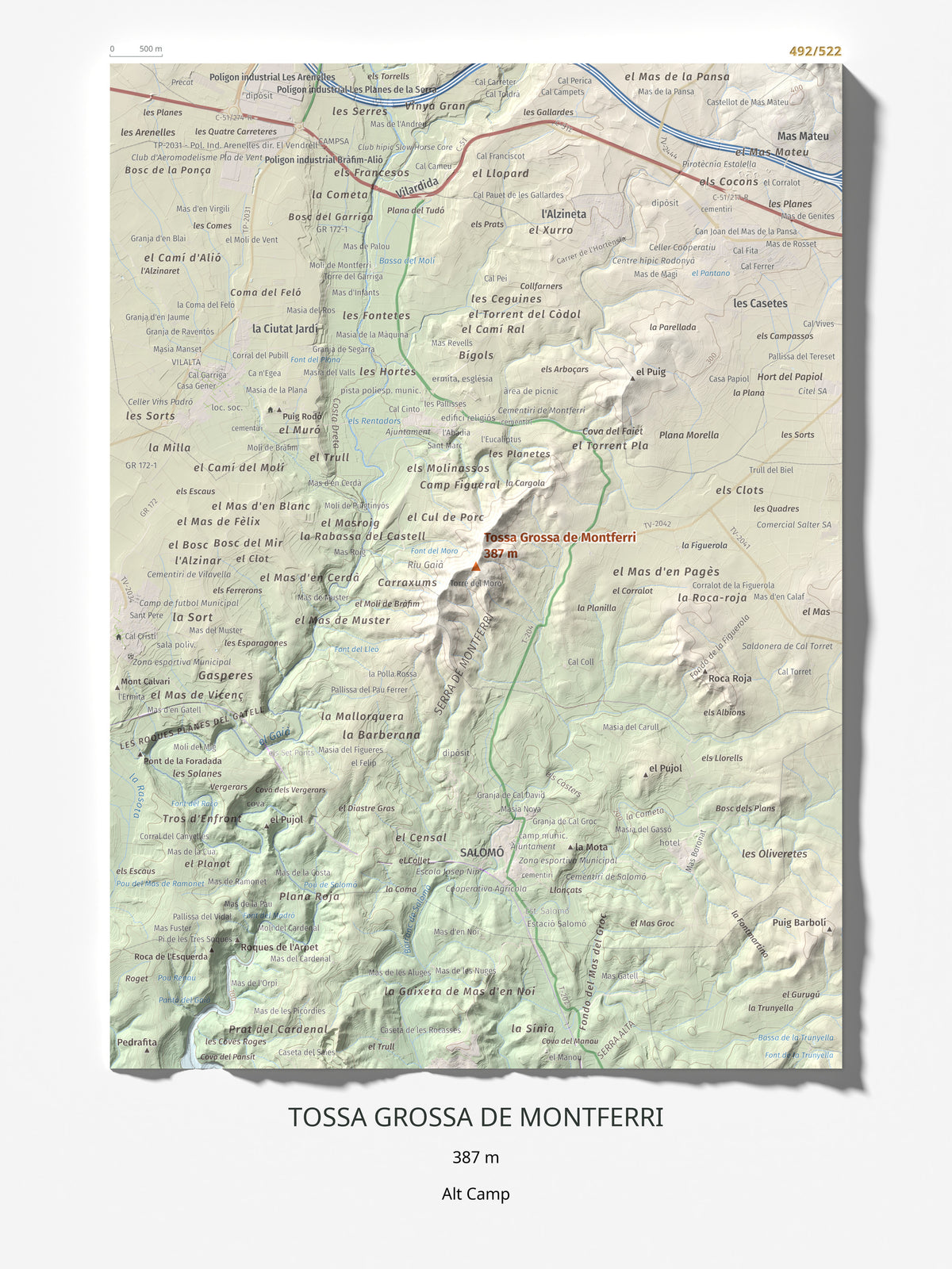 Mapa de relieve de Tossa Grossa de Montferri, 387 m, Alt Camp, lámina 100 Cims de Trobart 30 × 40 cm.