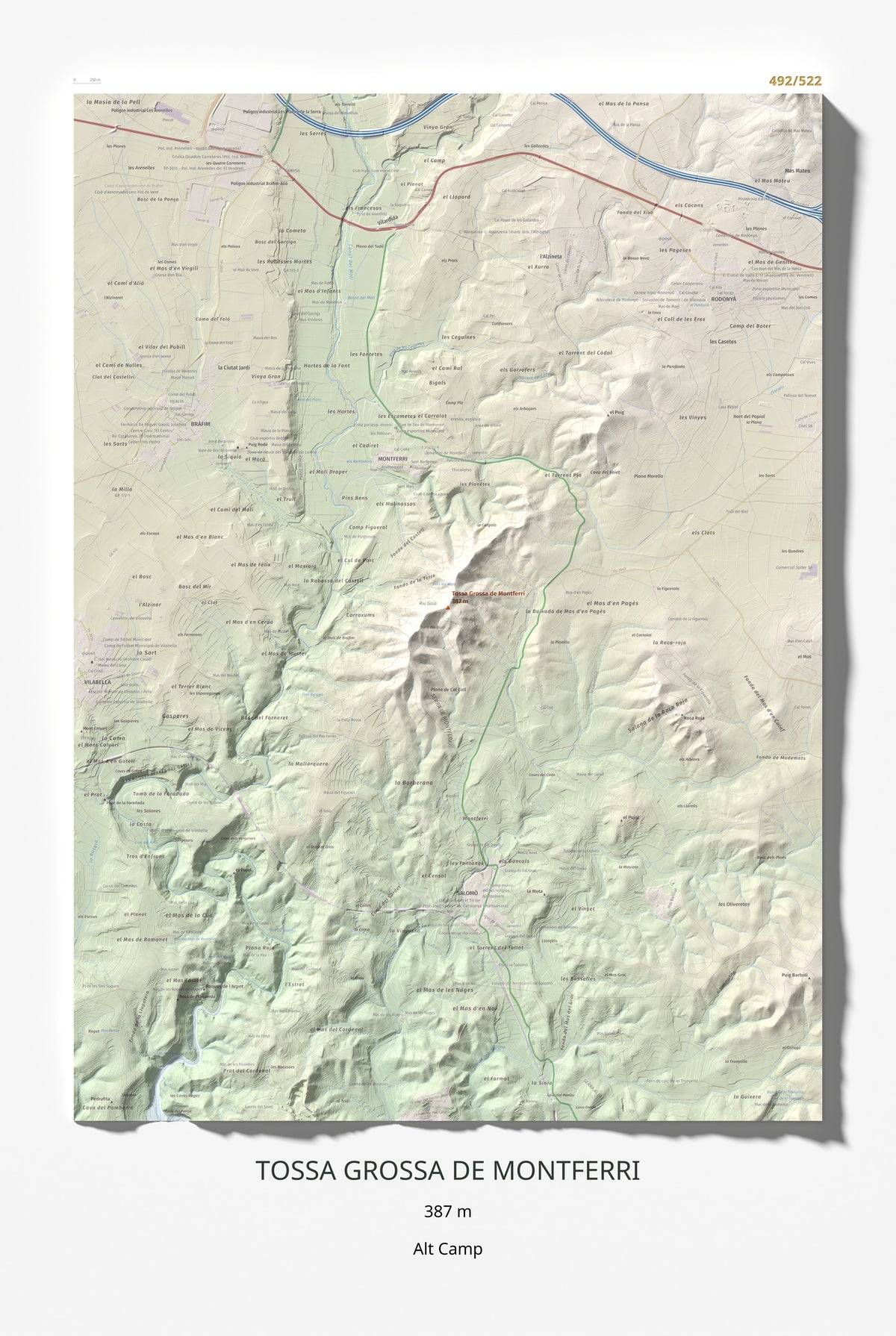 Mapa de relieve de Tossa Grossa de Montferri, 387 m, Alt Camp, lámina 100 Cims de Trobart 61 × 91 cm.