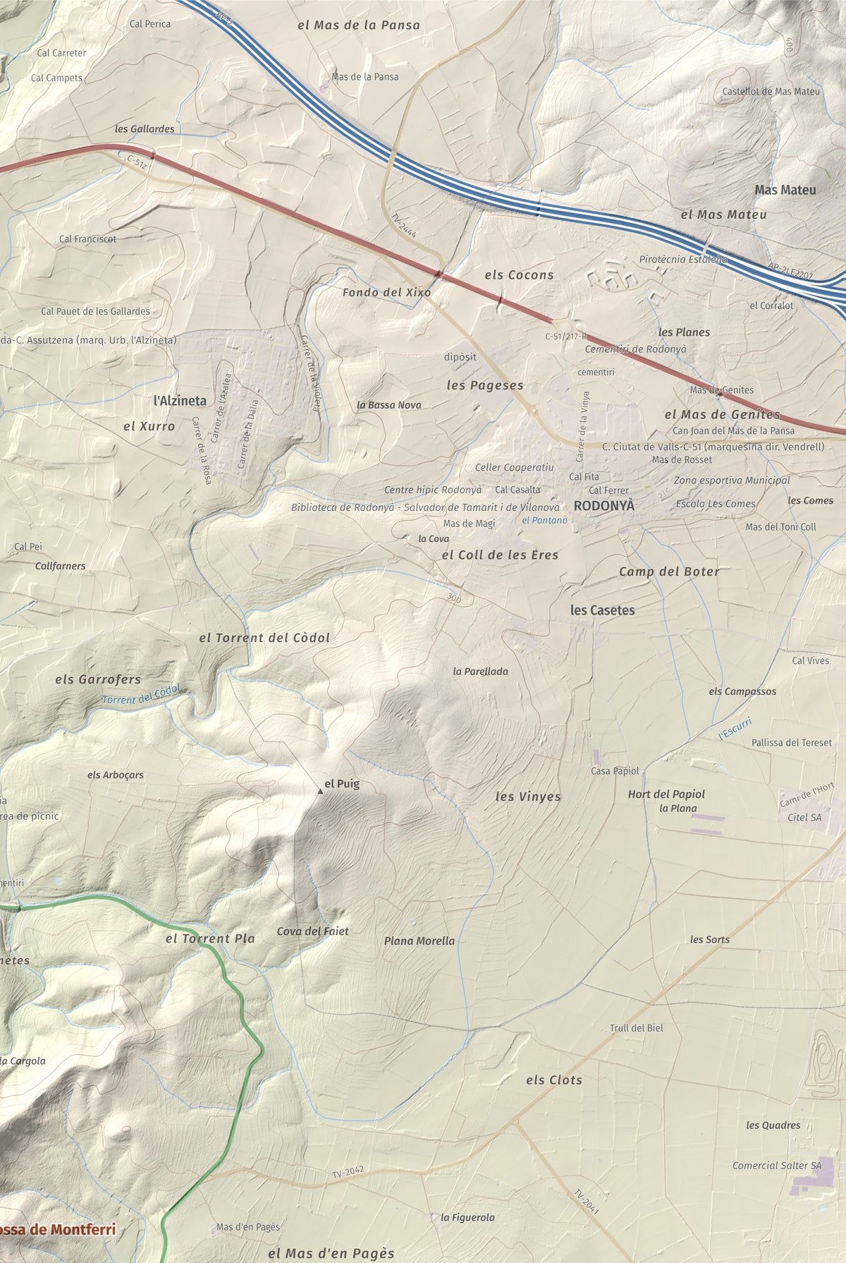 Mapa de relieve de Tossa Grossa de Montferri, 387 m, Alt Camp, lámina 100 Cims de Trobart. Detalle de la zona superior derecha. 61 × 91 cm.