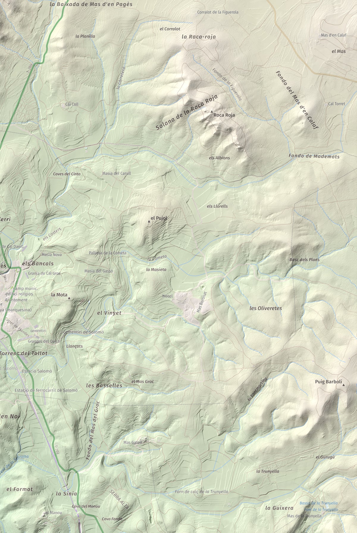 Mapa de relieve de Tossa Grossa de Montferri, 387 m, Alt Camp, lámina 100 Cims de Trobart. Detalle de la zona inferior derecha. 61 × 91 cm.