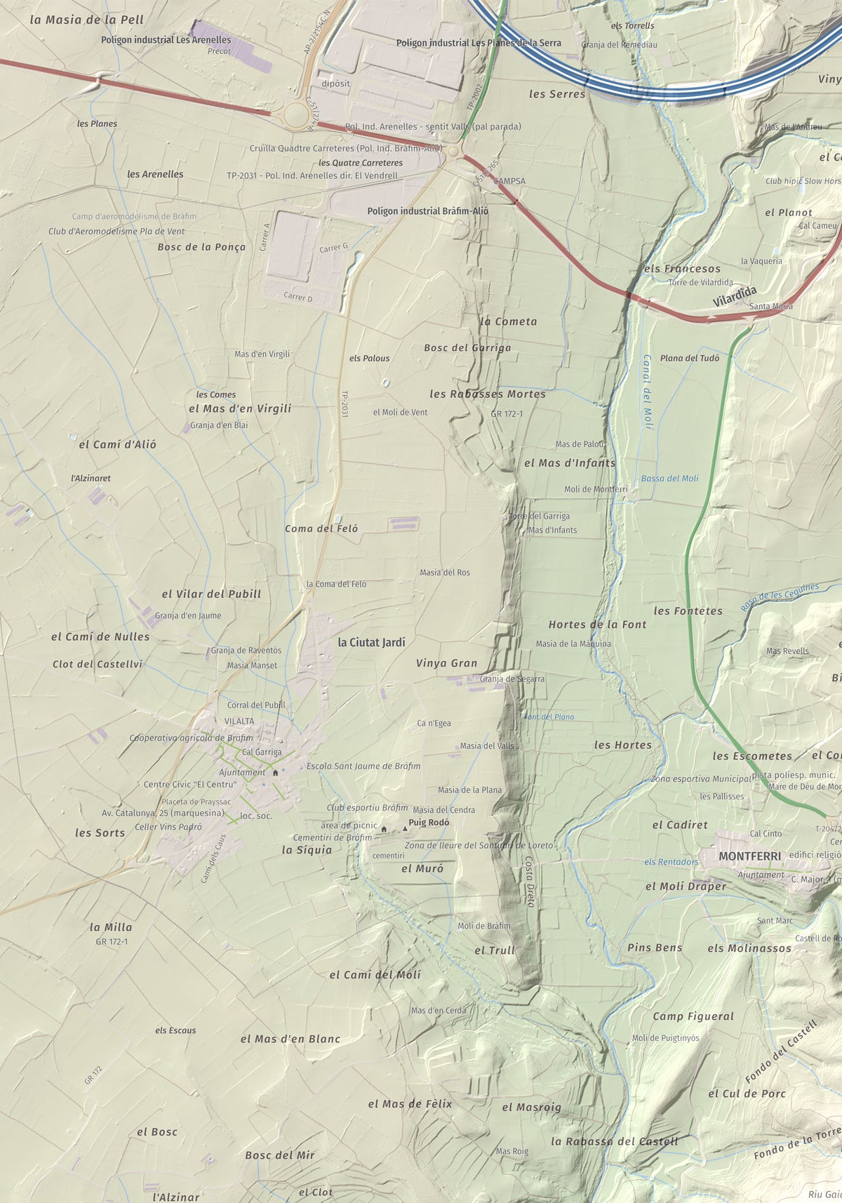 Mapa de relieve de Tossa Grossa de Montferri, 387 m, Alt Camp, lámina 100 Cims de Trobart. Detalle de la zona superior izquierda. 70 × 100 cm.