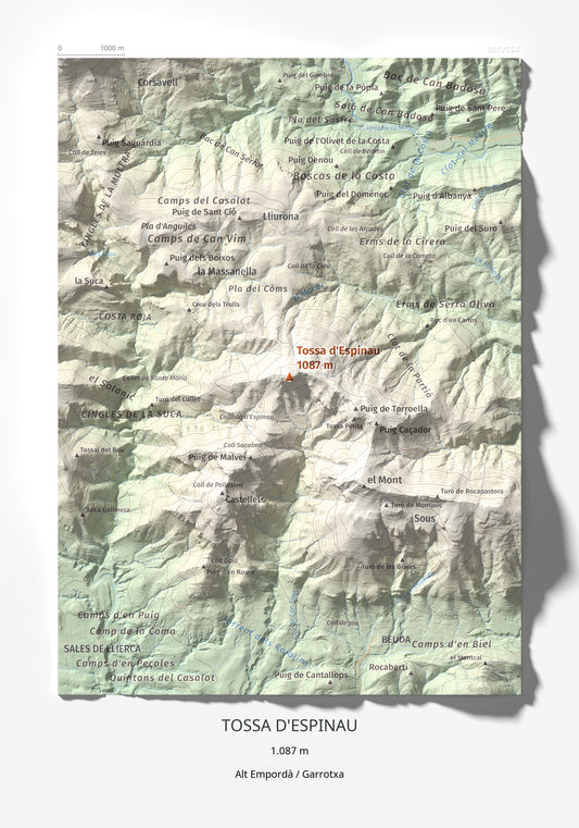 Mapa de relieve de Tossa d'Espinau, 1087 m, Alt Empordà · Garrotxa, lámina 100 Cims de Trobart 21 × 30 cm.