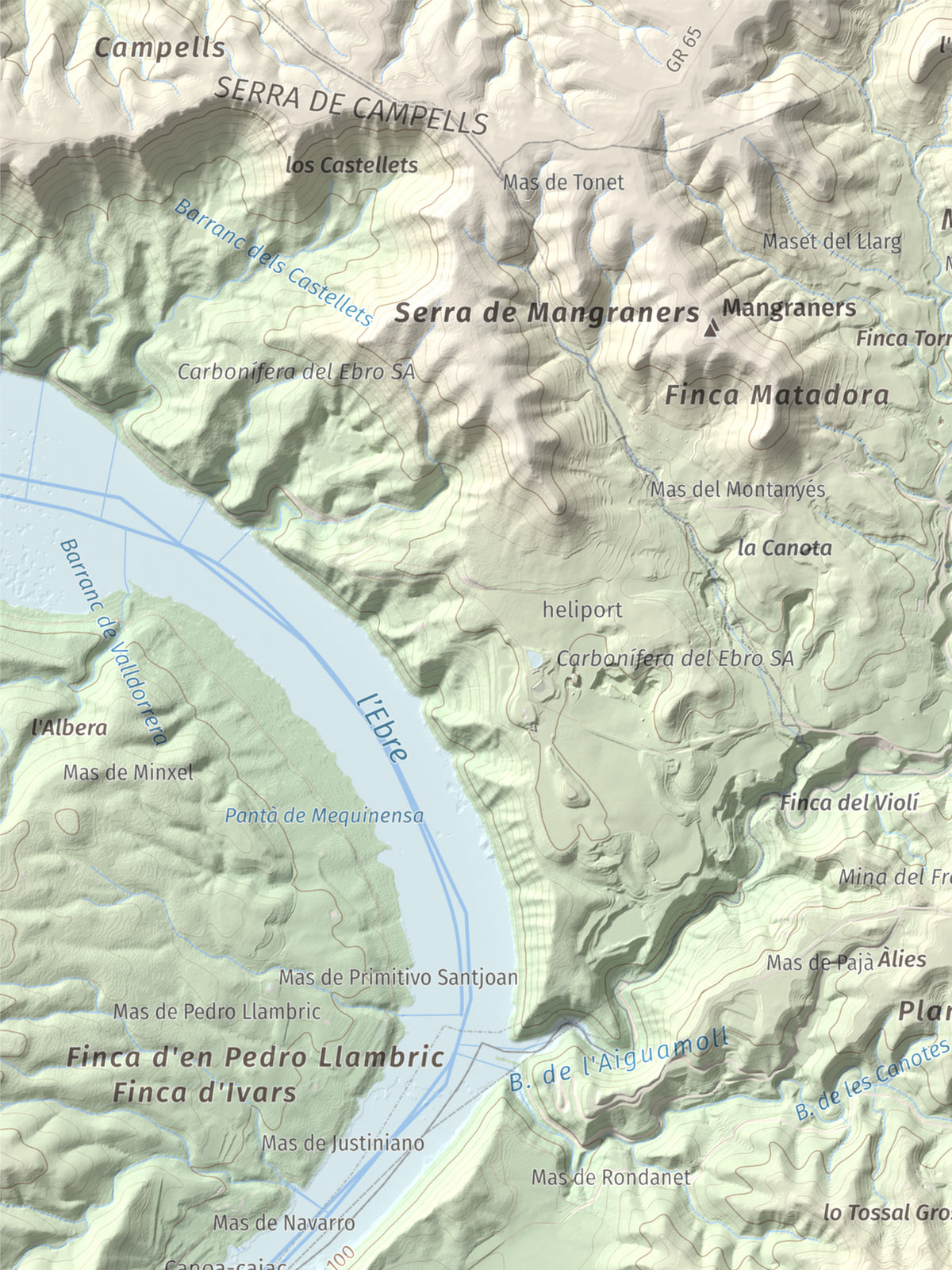 Mapa de relieve de Tossal Gros d'Almatret, 346 m, Segrià, lámina 100 Cims de Trobart. Detalle de la zona superior izquierda. 30 × 40 cm.