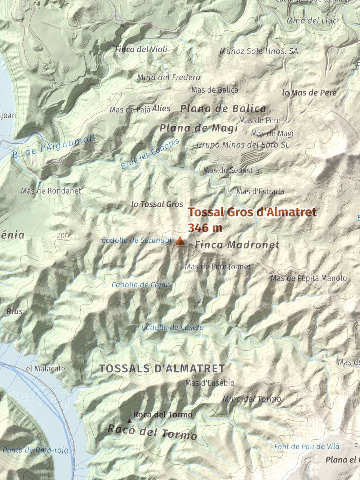 Mapa de relieve de Tossal Gros d'Almatret, 346 m, Segrià, lámina 100 Cims de Trobart. Detalle de la zona central. 30 × 40 cm.