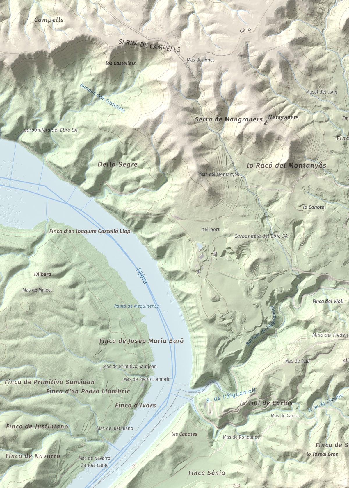 Mapa de relieve de Tossal Gros d'Almatret, 346 m, Segrià, lámina 100 Cims de Trobart. Detalle de la zona superior izquierda. 50 × 70 cm.