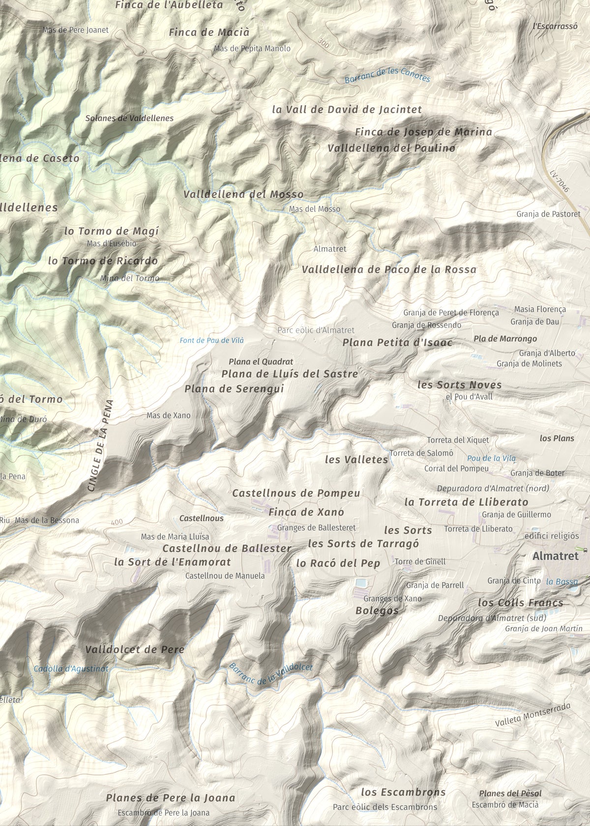 Mapa de relieve de Tossal Gros d'Almatret, 346 m, Segrià, lámina 100 Cims de Trobart. Detalle de la zona inferior derecha. 50 × 70 cm.