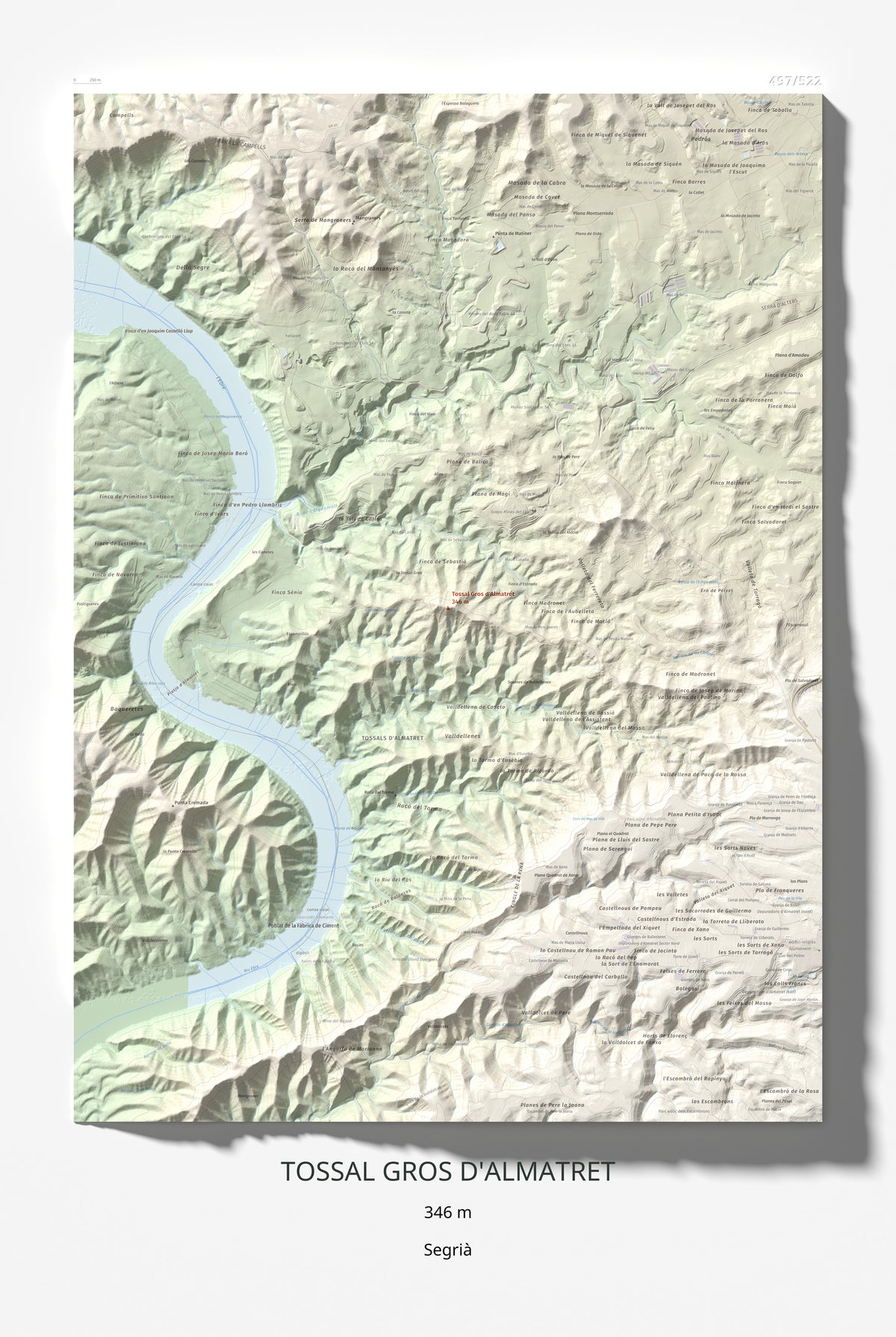 Mapa de relieve de Tossal Gros d'Almatret, 346 m, Segrià, lámina 100 Cims de Trobart 61 × 91 cm.