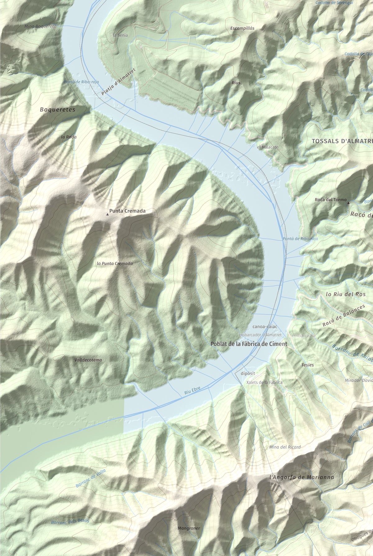 Mapa de relieve de Tossal Gros d'Almatret, 346 m, Segrià, lámina 100 Cims de Trobart. Detalle de la zona inferior izquierda. 61 × 91 cm.