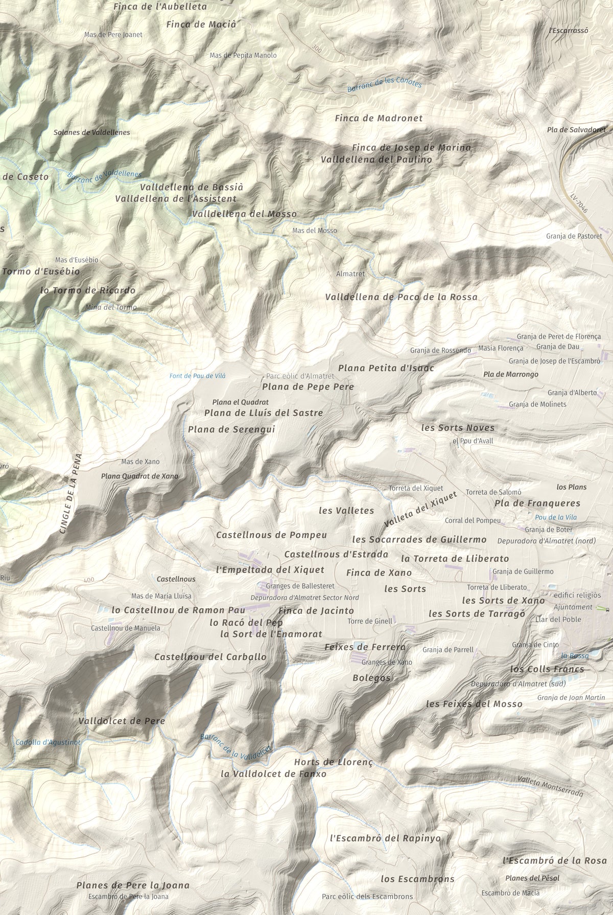 Mapa de relieve de Tossal Gros d'Almatret, 346 m, Segrià, lámina 100 Cims de Trobart. Detalle de la zona inferior derecha. 61 × 91 cm.