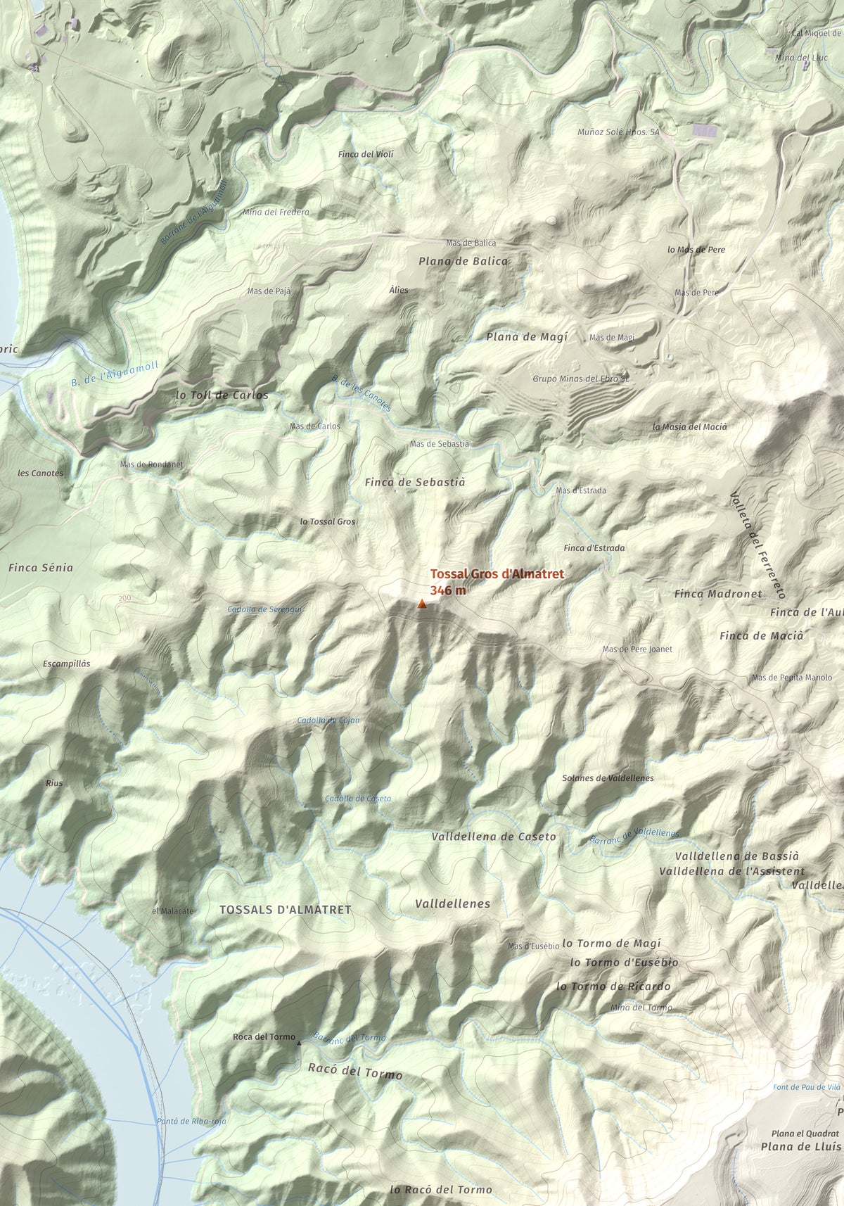 Mapa de relieve de Tossal Gros d'Almatret, 346 m, Segrià, lámina 100 Cims de Trobart. Detalle de la zona central. 70 × 100 cm.