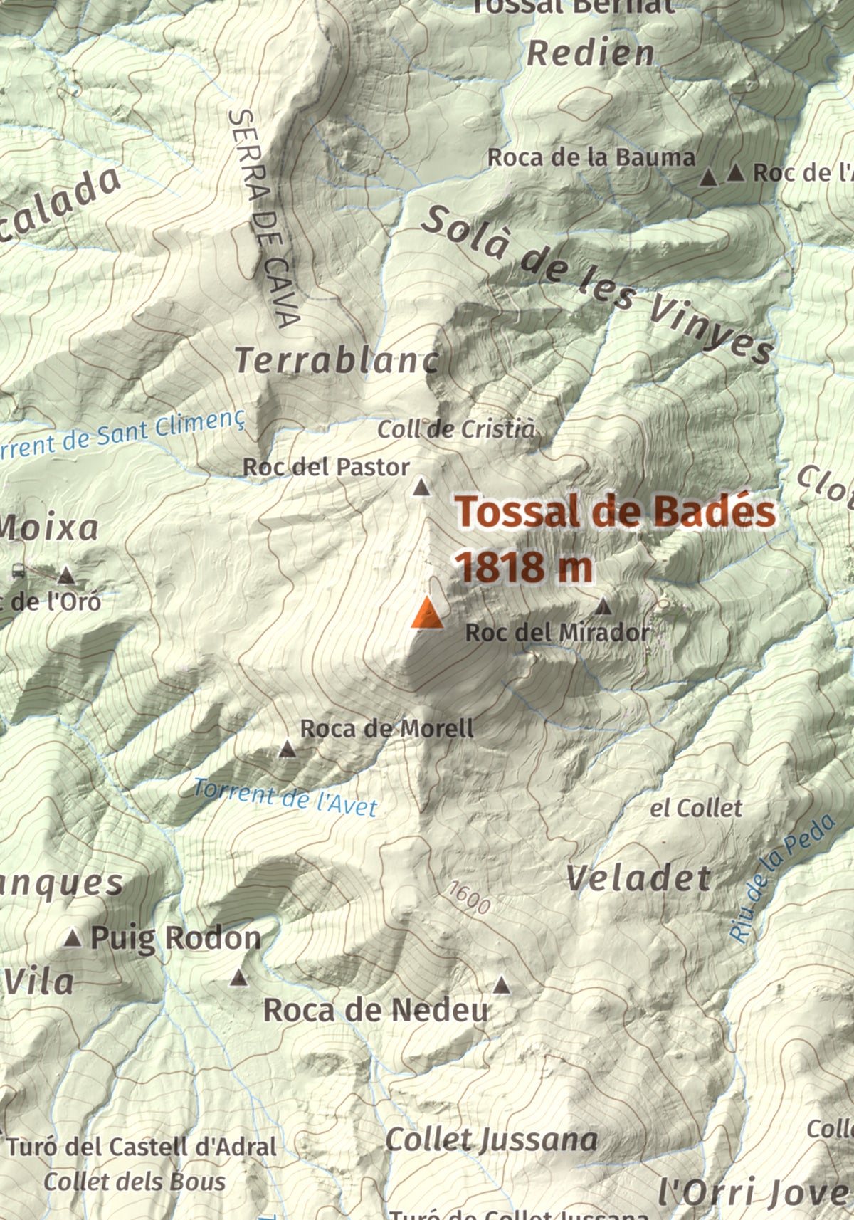 Mapa topogràfic del relleu: Tossal de Badés, 1818 m. Detall de la zona central. 21 × 30 cm.