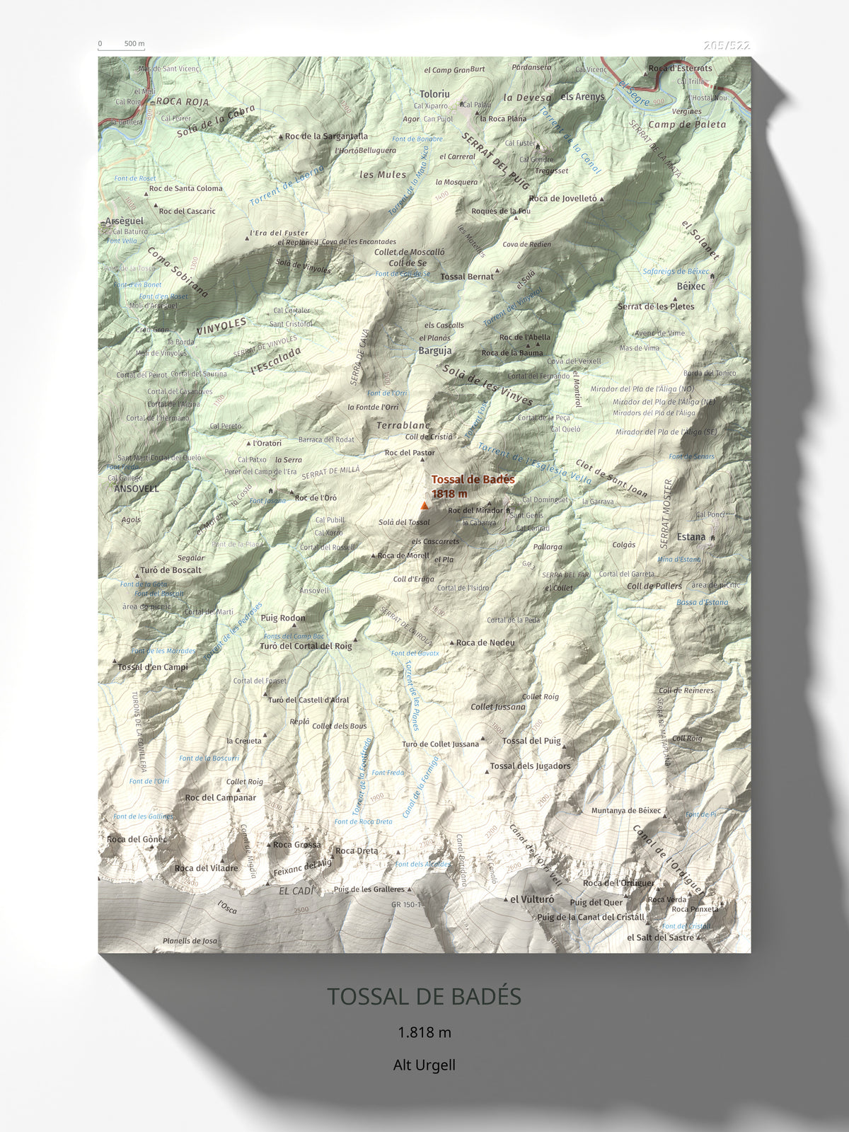 Mapa topogràfic del relleu: Tossal de Badés, 1818 m. Làmina completa. 30 × 40 cm.