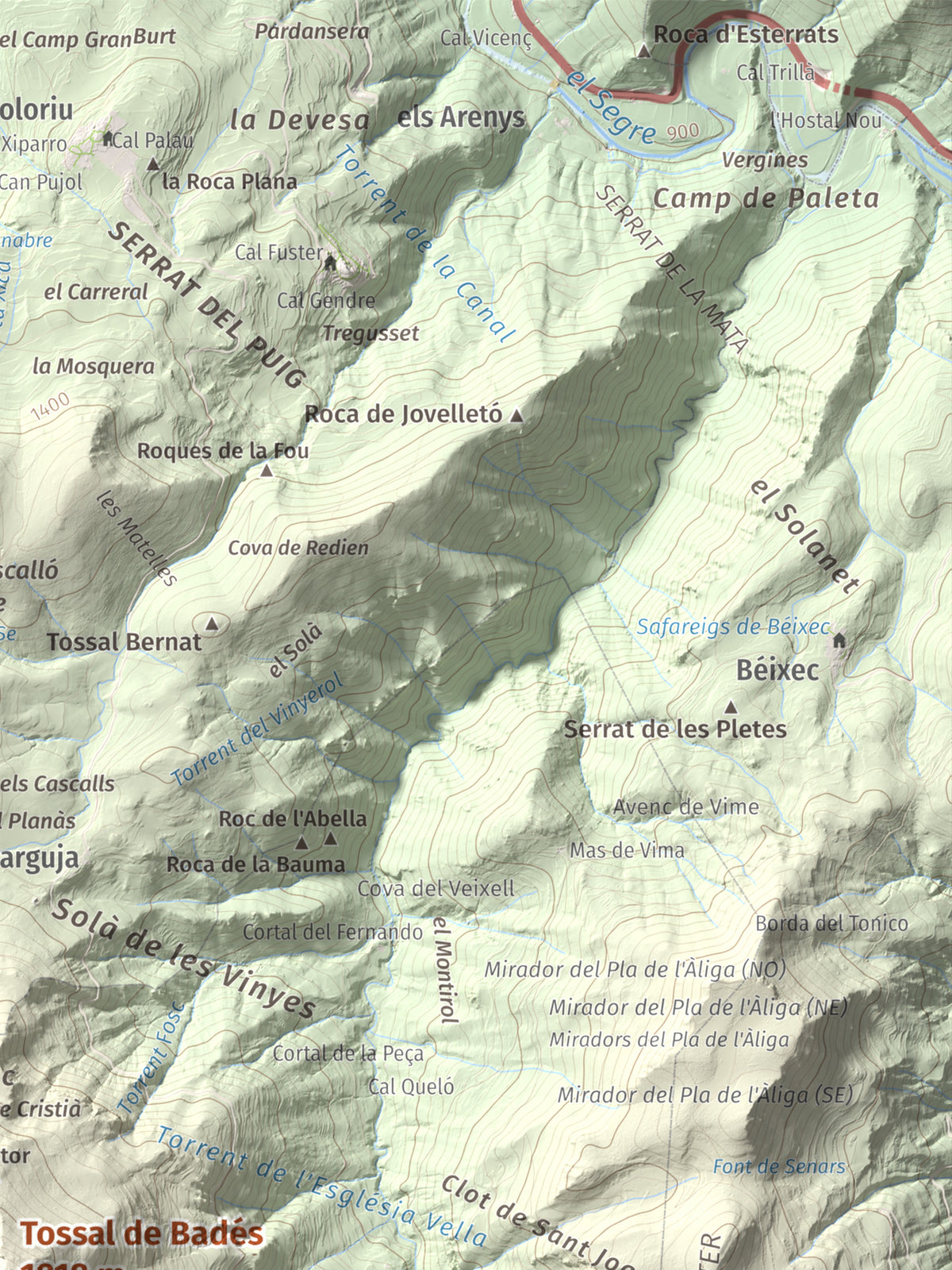 Mapa topogràfic del relleu: Tossal de Badés, 1818 m. Detall de la zona superior dreta. 30 × 40 cm.