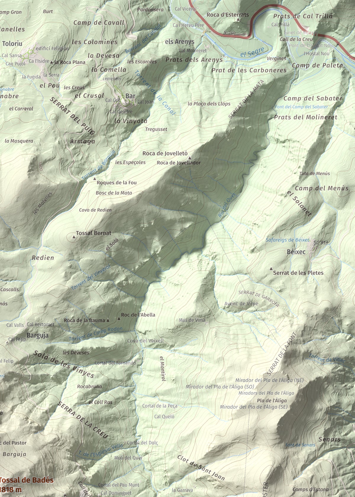 Mapa topogràfic del relleu: Tossal de Badés, 1818 m. Detall de la zona superior dreta. 50 × 70 cm.