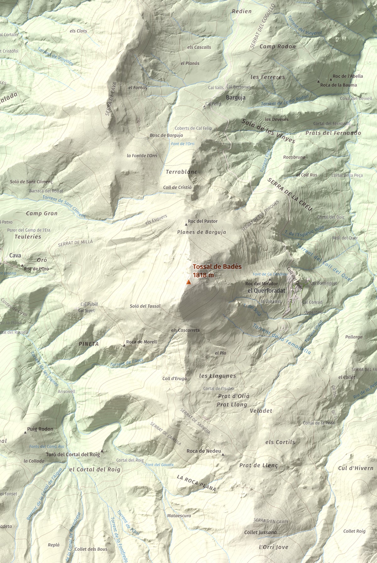 Mapa topogràfic del relleu: Tossal de Badés, 1818 m. Detall de la zona central. 61 × 91 cm.