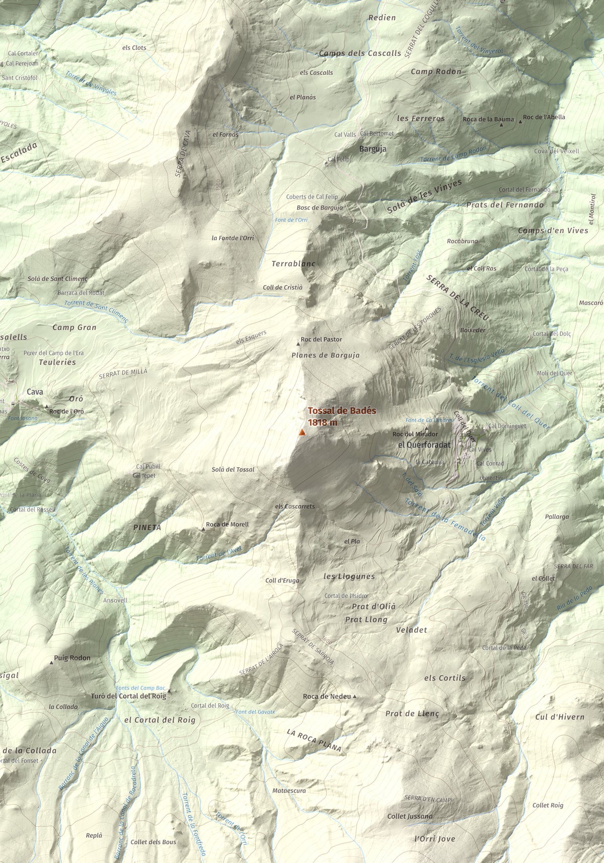 Mapa topogràfic del relleu: Tossal de Badés, 1818 m. Detall de la zona central. 70 × 100 cm.